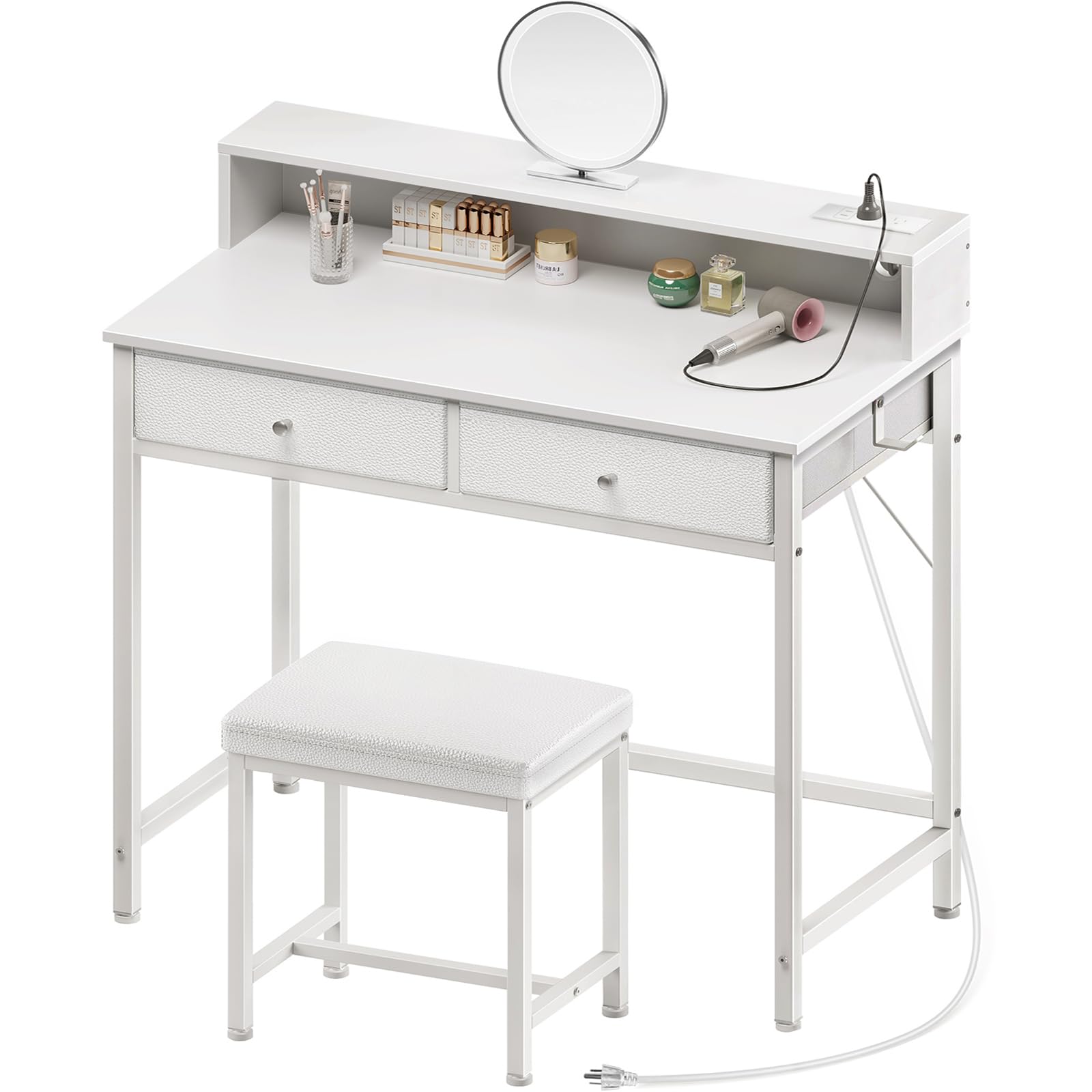 Modern White Vanity Desk Without Mirror - Makeup Vanity with Storage Drawers & USB Charging Station, Compact Bedroom Desk with Home Office Function for Small Spaces | Perfect for Makeup Organization, Remote Work & Space-Saving Bedroom Decor