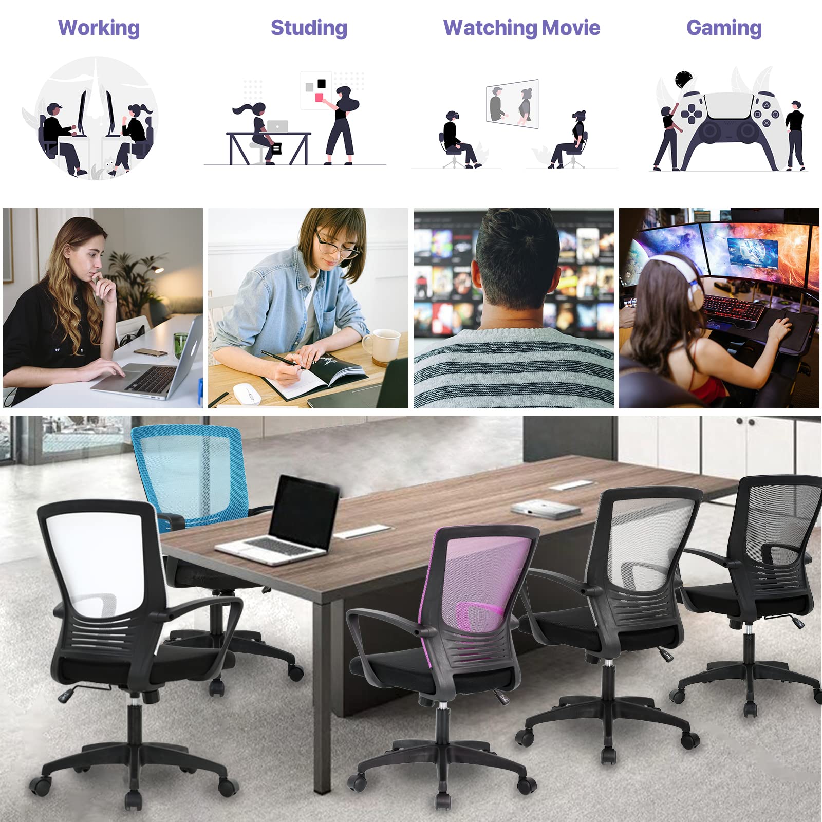 Ergonomic Mesh Office Chair with Lumbar Support & Adjustable Armrests - Heavy Duty Swivel Rolling Computer Desk Chair for Home Office, Study, or Gaming - Black