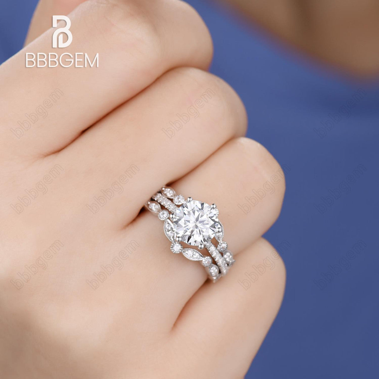 8mm Round Cut Solitaire Forever One Moissanite Engagement Ring Set in 14k White Gold with Vintage Double Curved Enhancer Band - Perfect for Proposals, Weddings & Anniversary Gifts