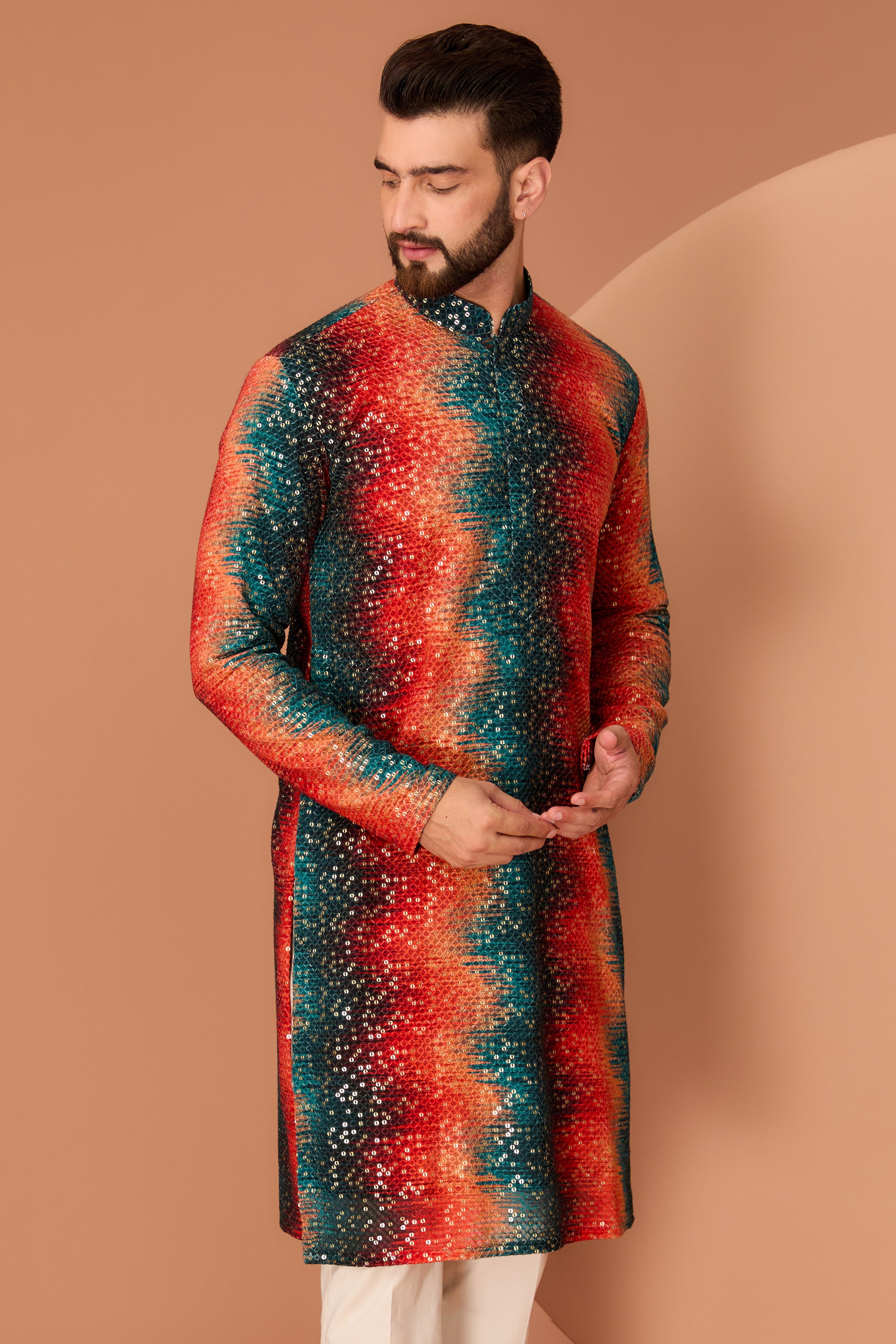 Stylish Orange and Teal Sequin Kurta for Women | Elegant Indian Party Wear | Perfect for Festivals, Weddings, and Special Occasions