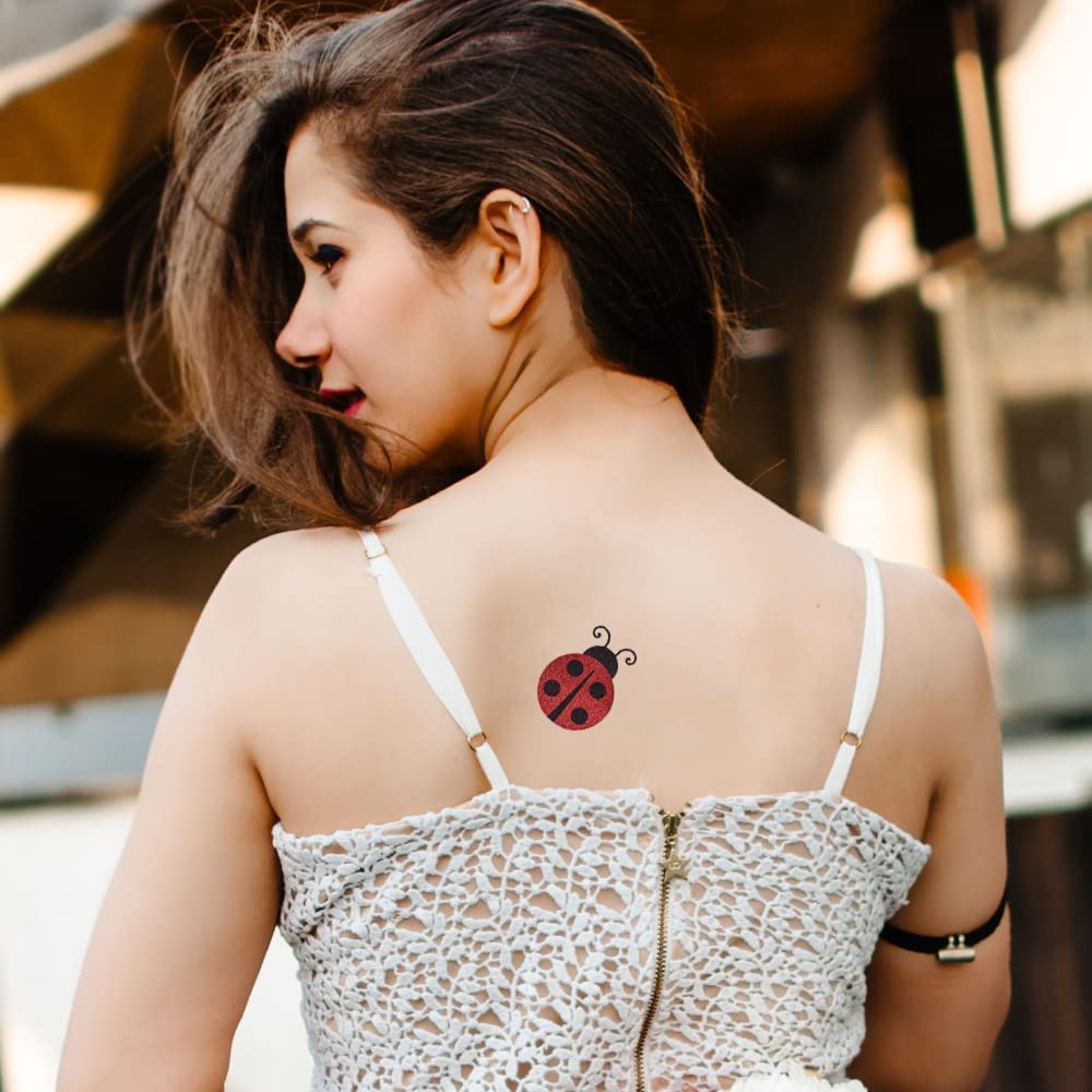 Comet Busters Red & Black Glitter Ladybug Temporary Tattoos - Cute Body Stickers for Women & Kids (BT192) | Perfect for Parties, Festivals & Summer Beach Looks