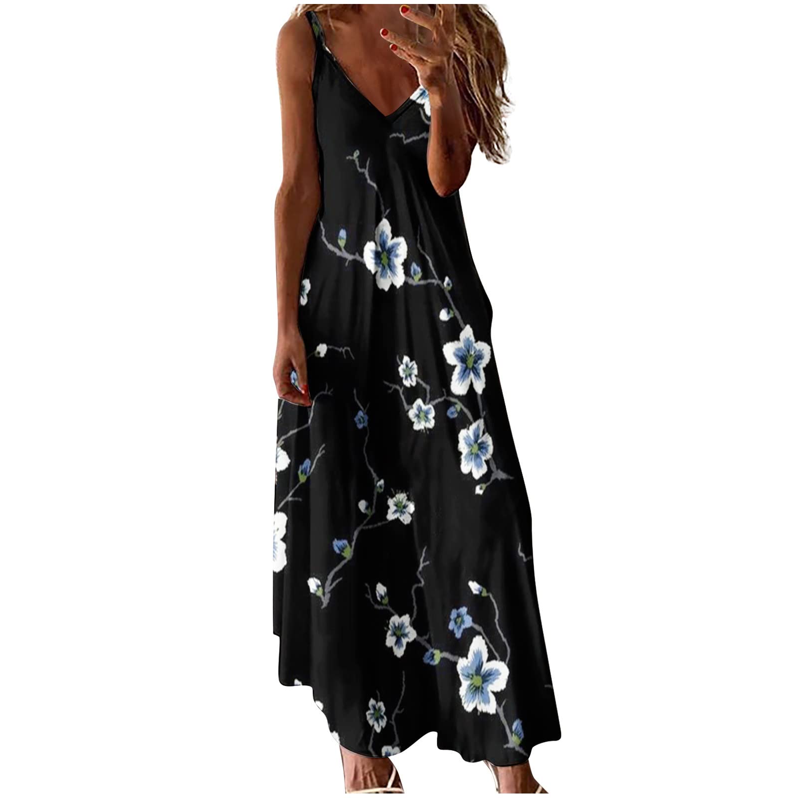 Women's Summer Maxi Dresses - V Neck Sleeveless Striped Beach Dress, Casual Loose Flowy Sundress for Vacation, Pool Party & Outdoor Activities
