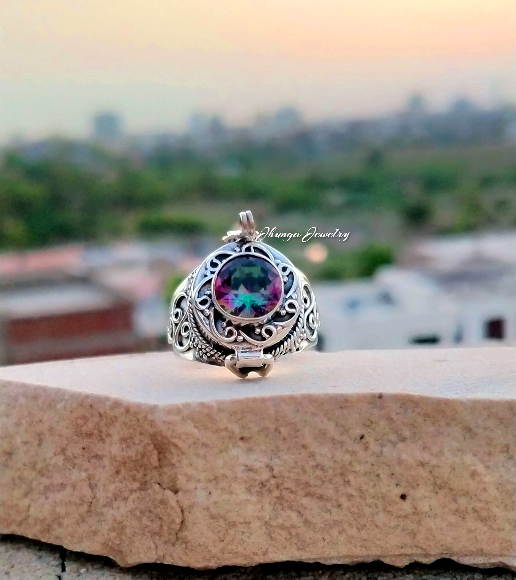 Handmade 925 Sterling Silver Mystic Topaz Poison Ring - Secret Box Ring with Openable Compartment, Rainbow Moonstone Jewelry for Gothic Fashion & Medieval Cosplay
