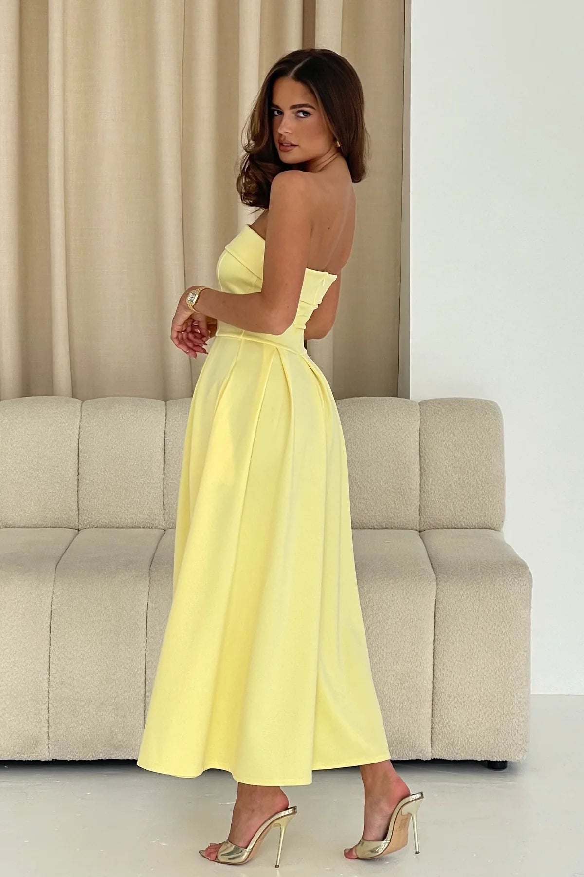 Danni Strapless Bandeau Midi Dress for Women - Yellow Flowy Summer Dress for Beach, Party & Vacation