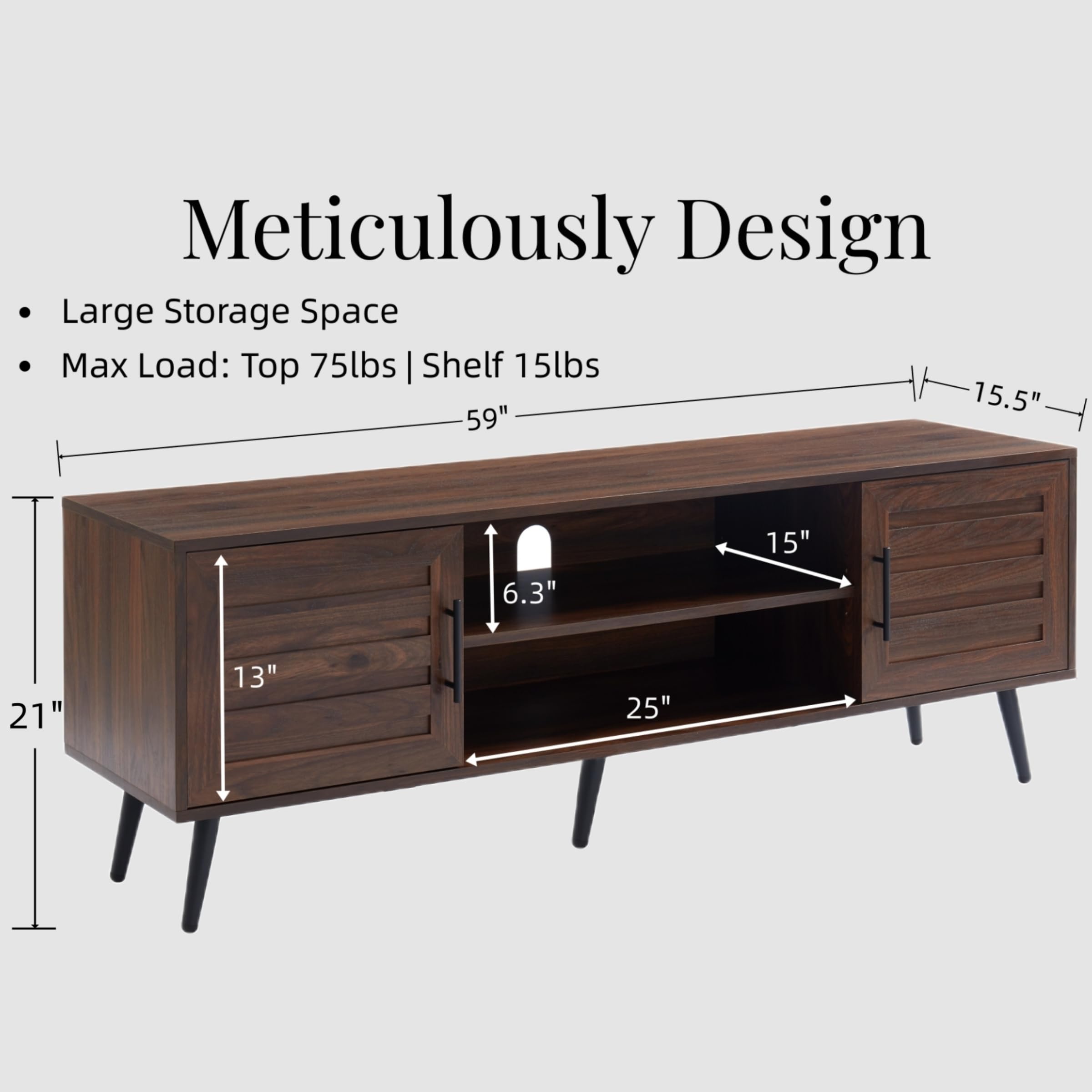 Mid Century Modern TV Stand Entertainment Center - Dark Walnut Wood Media Console with Open Shelves & 2 Storage Cabinets for 65 Inch Flat Screen TVs - Perfect for Living Room, Home Theater & Gaming Setup