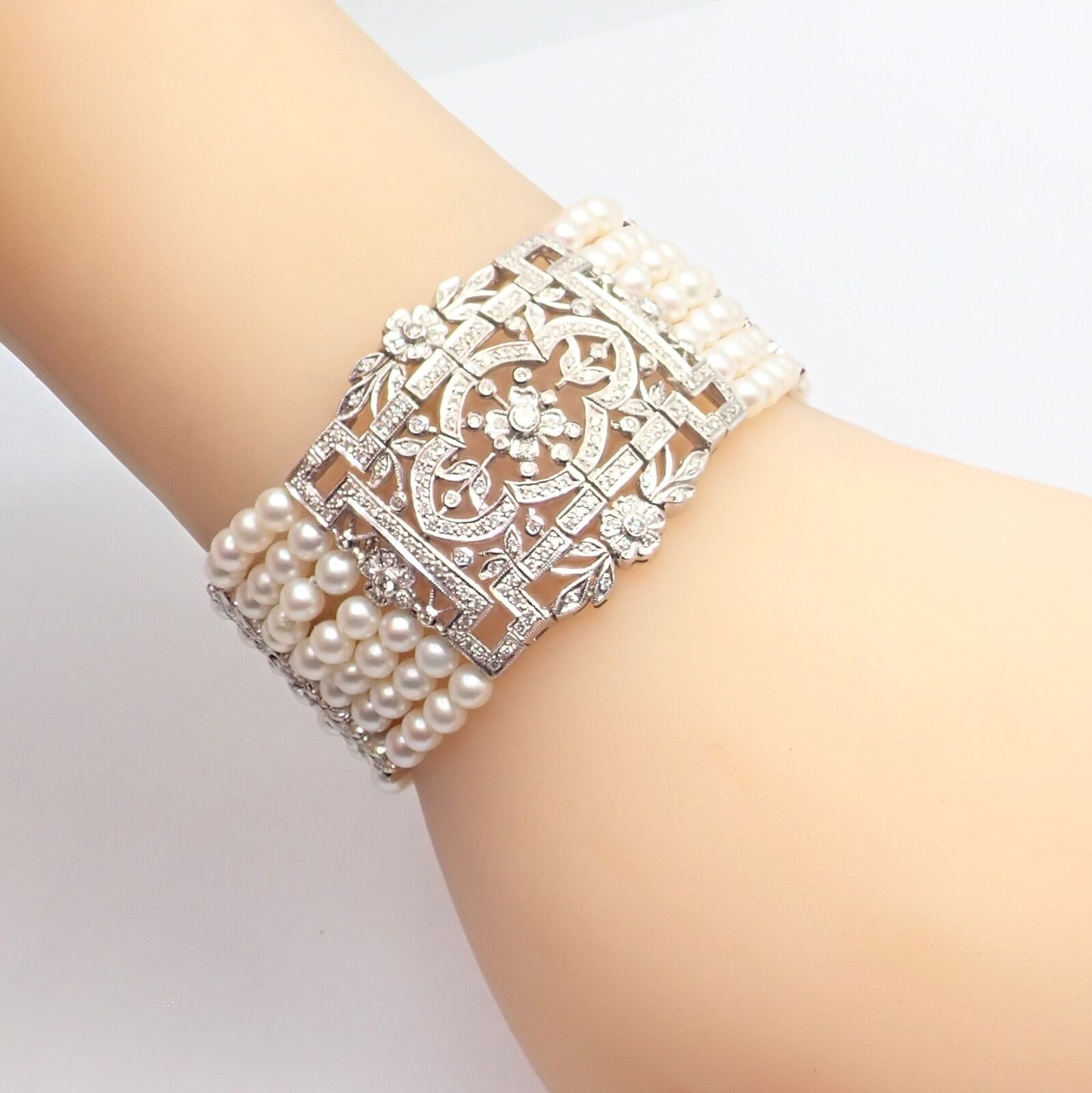 Vintage 18k White Gold Diamond & Pearl Bracelet - 7 Rows 4.5mm Pearls, Elegant Estate Jewelry for Women - Perfect for Weddings, Anniversaries & Special Occasions
