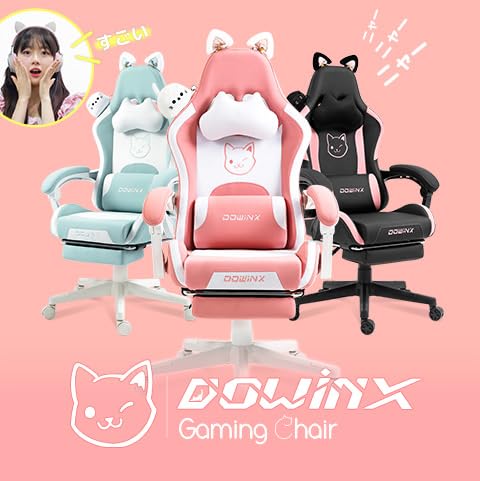 Dowinx Pink Ergonomic Gaming Chair with Cute Cat Design - High Back Office Chair with Lumbar Massage Support, PU Leather, Footrest - Perfect for Gaming, Working & Home Office Use