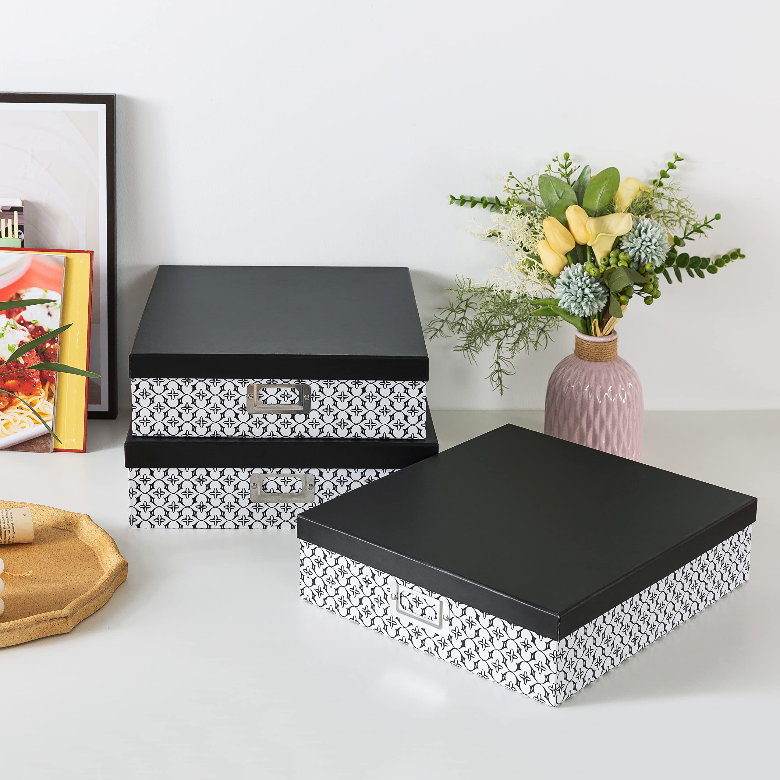 Soul & Lane Black and White Decorative Storage Boxes with Lids - Set of 3 Jumbo Organizer Boxes for Scrapbooking, Documents, Keepsakes & Memories - Modern Trellis Design for Home Office & Craft Room Organization