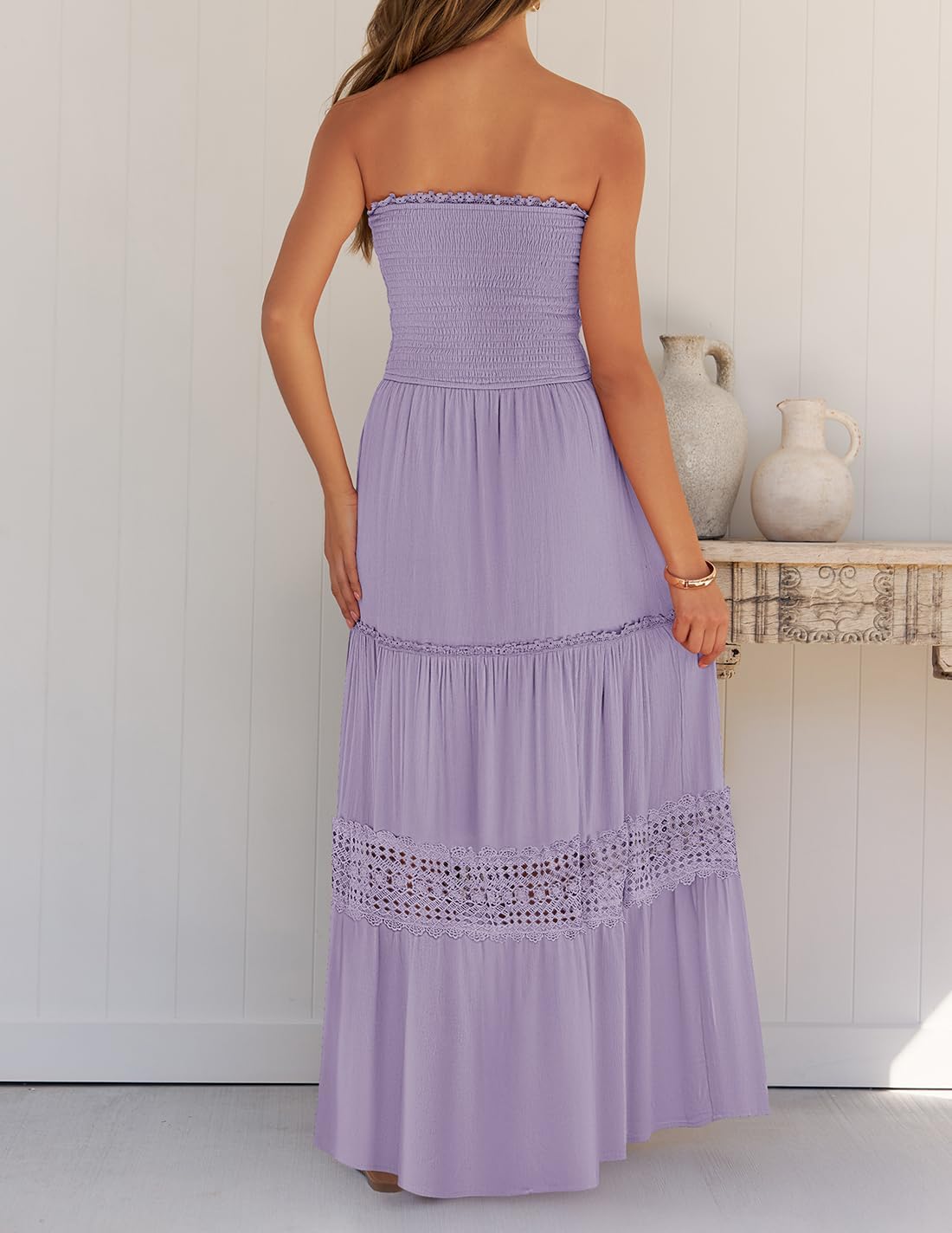 ZESICA Women's 2025 Summer Bohemian Strapless Off Shoulder Lace Trim Backless Flowy A-Line Long Maxi Dress for Beach Vacation, Wedding Guest & Outdoor Party