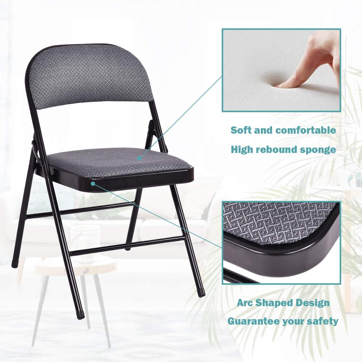 4-Pack Folding Chairs with Padded Seat & Back - Portable Metal Frame Chairs for Home, Office, Camping, Picnics & Outdoor Events