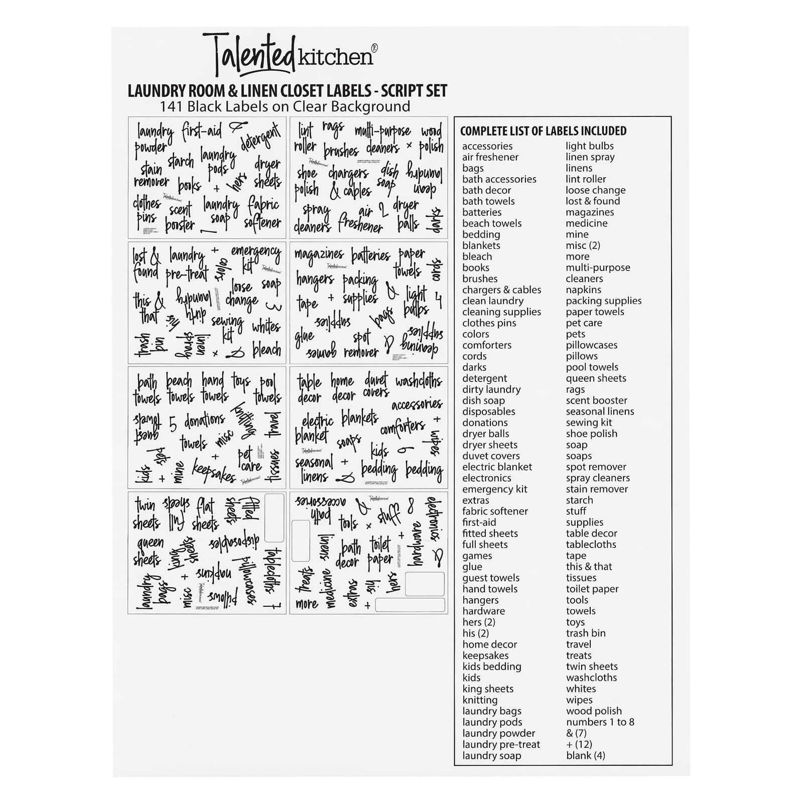 Talented Kitchen 141 Preprinted Black Script Laundry Labels - Water Resistant Stickers for Jars, Containers, Linen Closet & Bathroom Organization | Perfect for Cleaning Supplies, Pantry Storage & Home Organization