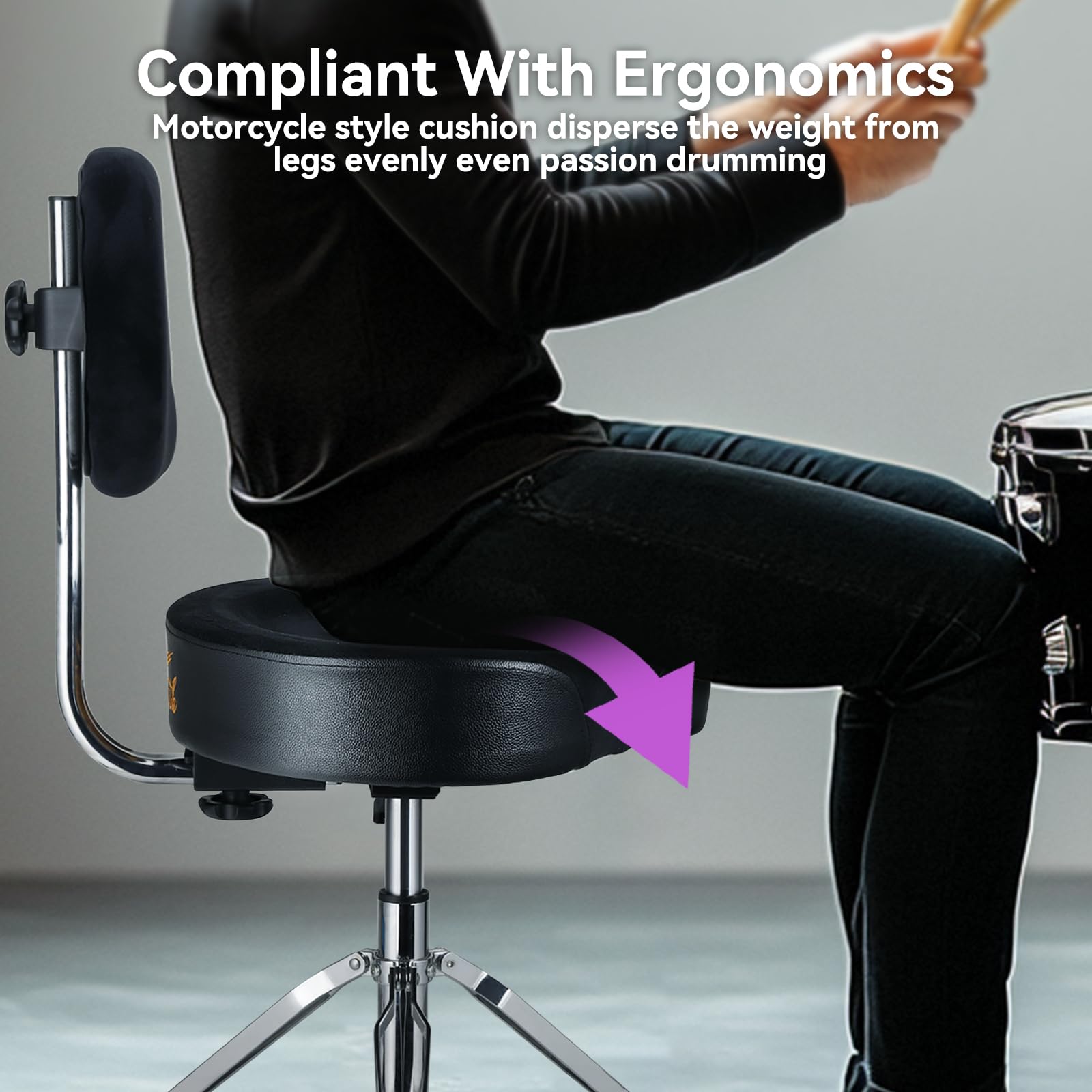 **Adjustable Hydraulic Drum Throne with Backrest & Memory Foam Seat – Stable, Comfortable Drum Stool for Adult Drummers & Guitar Players – Perfect for Live Performances & Studio Sessions – Black**
