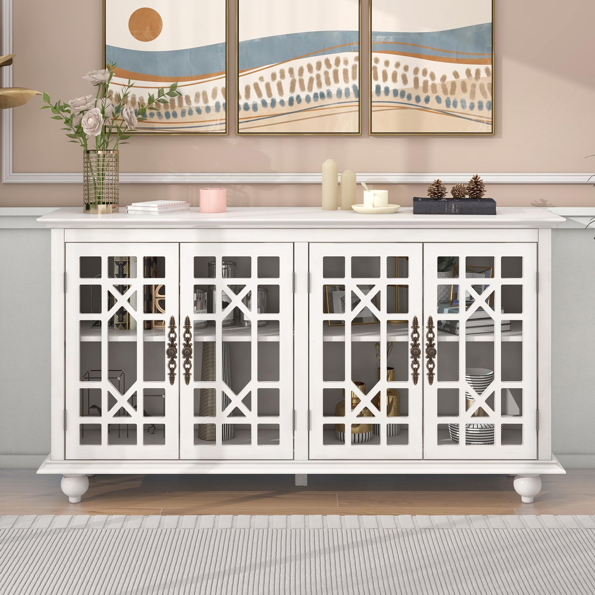 Elegant Glass Door Sideboard Buffet Cabinet - Long Bar Table Buffet Server with Adjustable Shelf, Retro Handles, Accent Storage Cabinet - Perfect for Living Room, Dining Room & Kitchen Storage Solution