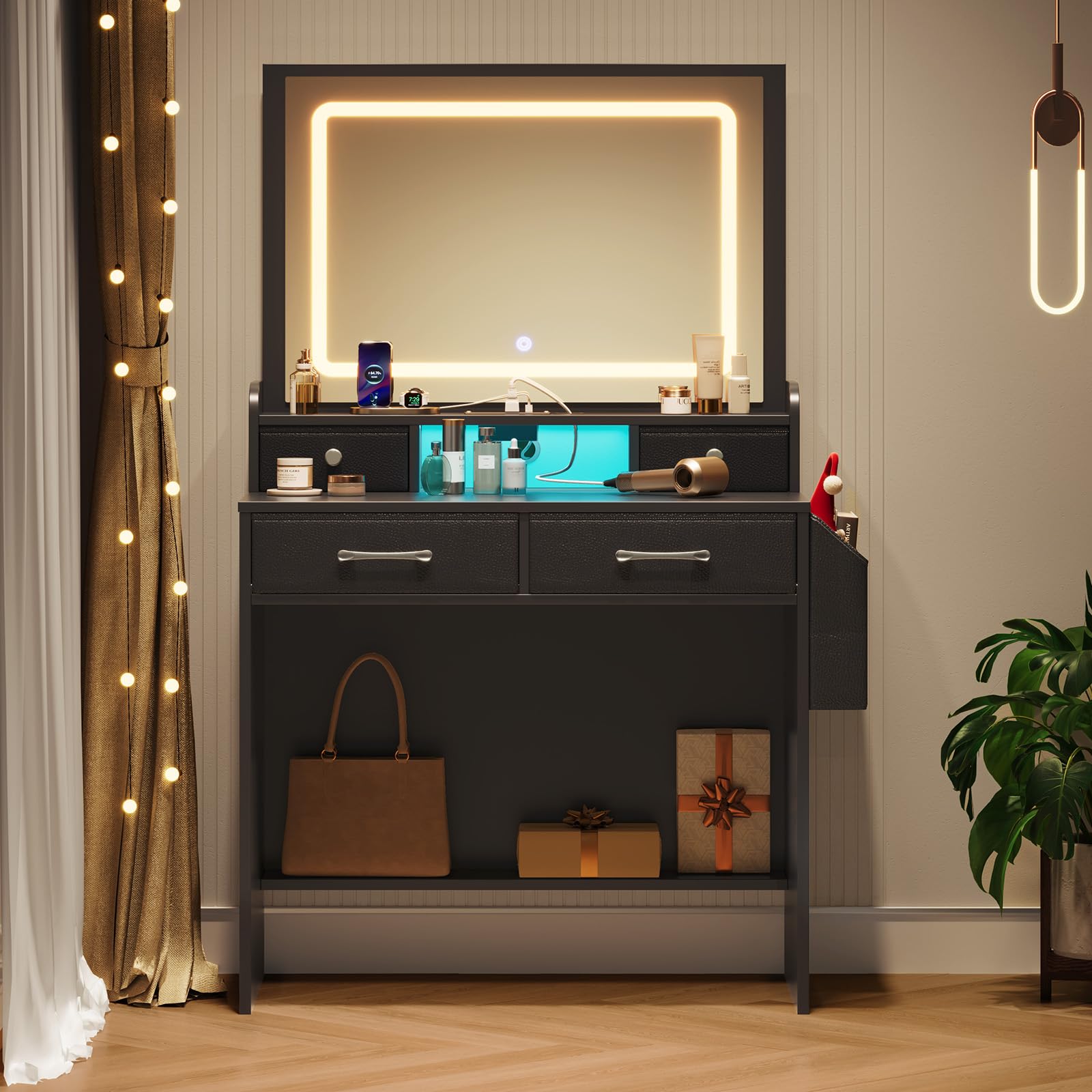 Rolanstar Vanity Desk with LED Lighted Mirror & 4 Fabric Drawers - Modern Makeup Dressing Table with Power Outlet for Bedroom & Dressing Room - Perfect for Daily Beauty Routine, Makeup Application & Home Decor (Black)