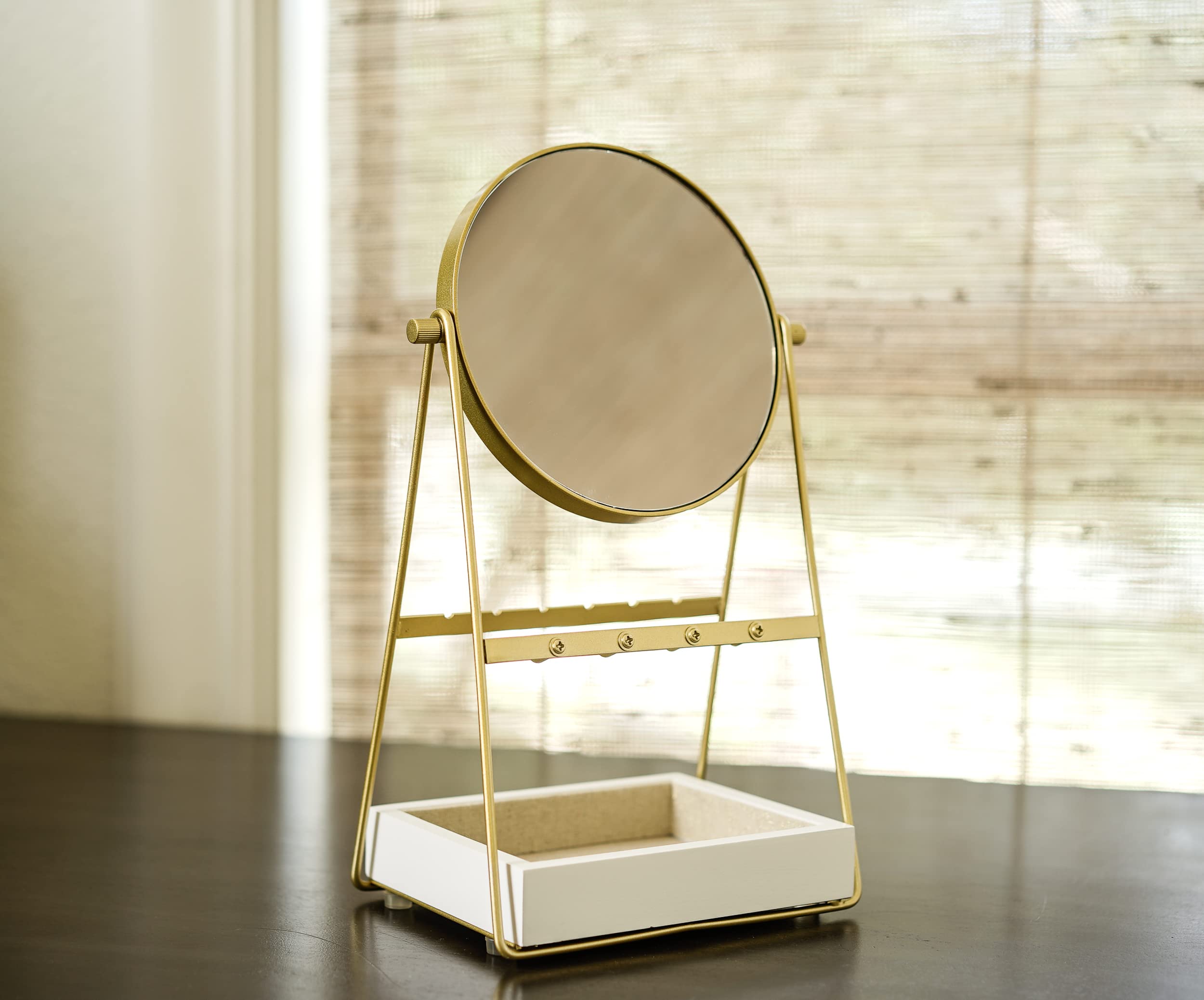 Kenna Round Vanity Mirror with Jewelry Organizer - Elegant Gold & White Tabletop Mirror for Makeup & Dressing Table - Perfect for Bedroom, Bathroom & Gift Giving