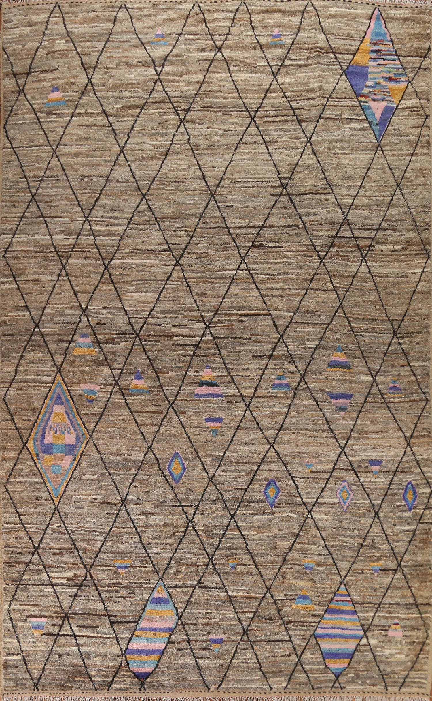 Hand-Knotted Moroccan Wool Area Rug 10x14 - Large Brown Trellis Design Carpet (9'10