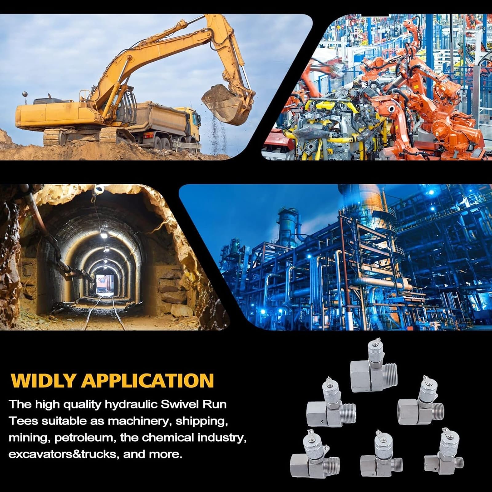 6 Pack BSPP Hydraulic Swivel Tee Fittings - High Pressure Hydraulic Connector Set for Excavator, Construction Equipment & Hydraulic Systems | Durable Couplings for Fluid Transfer, Testing & Maintenance