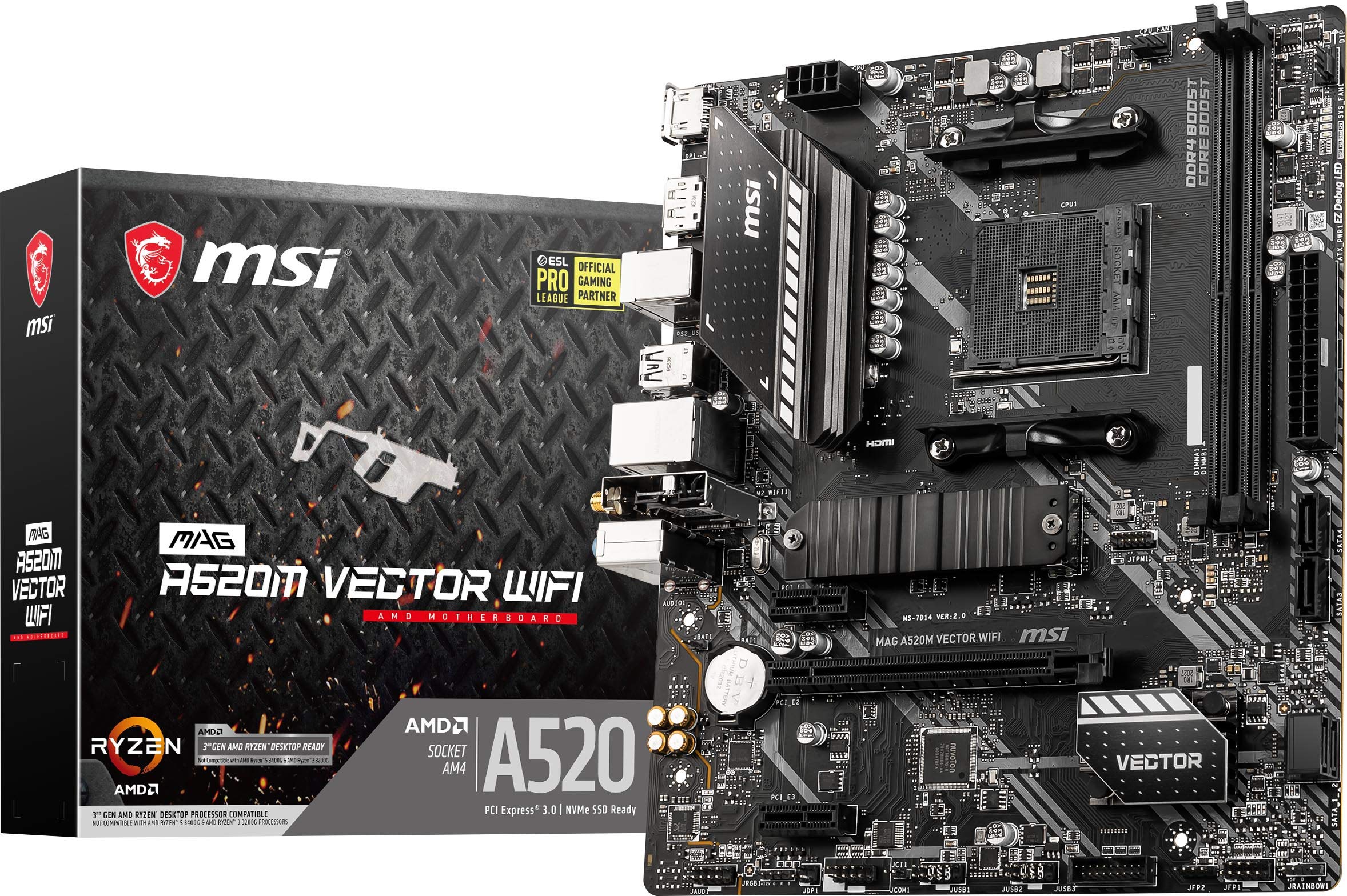 MSI MAG A520M Vector WiFi Gaming Motherboard - AMD AM4, DDR4, PCIe 3.0, Micro-ATX | High-Speed WiFi 5, USB 3.2 Gen1, HDMI/DP | Perfect for Esports, Streaming & PC Gaming Builds