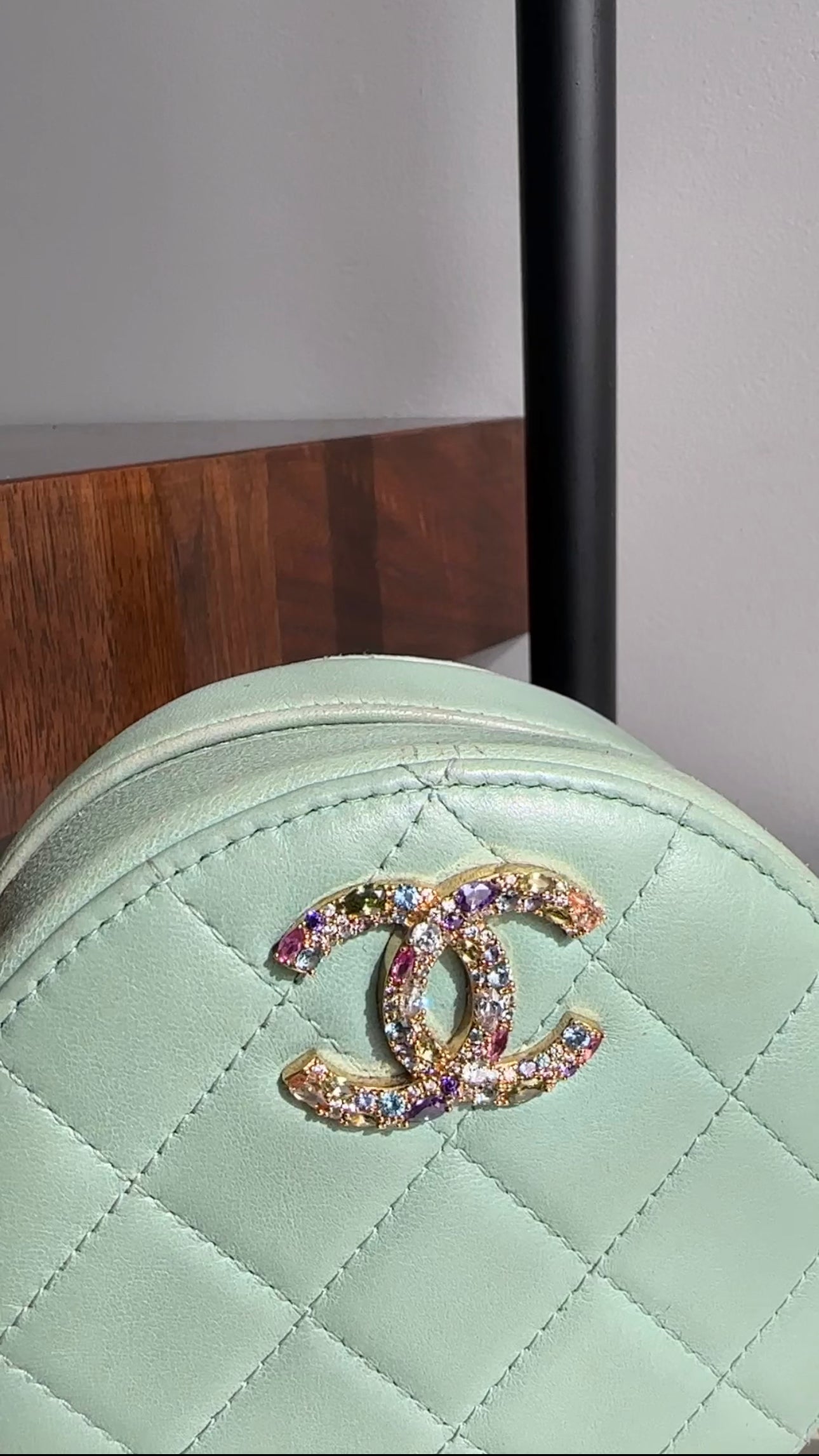 Chanel Mint Green Quilted Leather CC Strass Mini Round Clutch Bag for Women | Luxury Designer Evening Bag for Parties, Weddings & Special Occasions