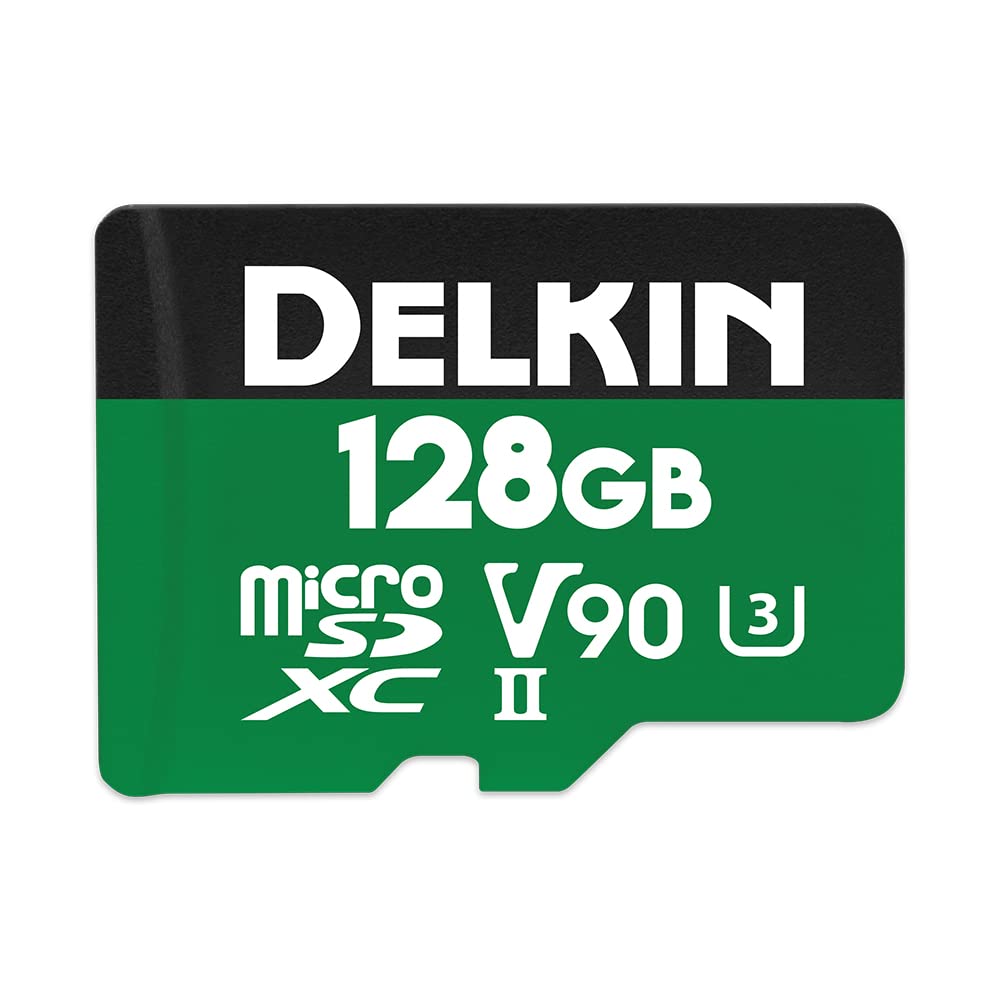 Delkin Devices 128GB Power Micro SDXC UHS-II Card (U3/V90) - 300MB/s Read, 250MB/s Write for 8K/4K Video, 3D, HDR & 360° Recording | Includes SD Adapter | Perfect for DSLR Cameras, Drones & Action Cameras