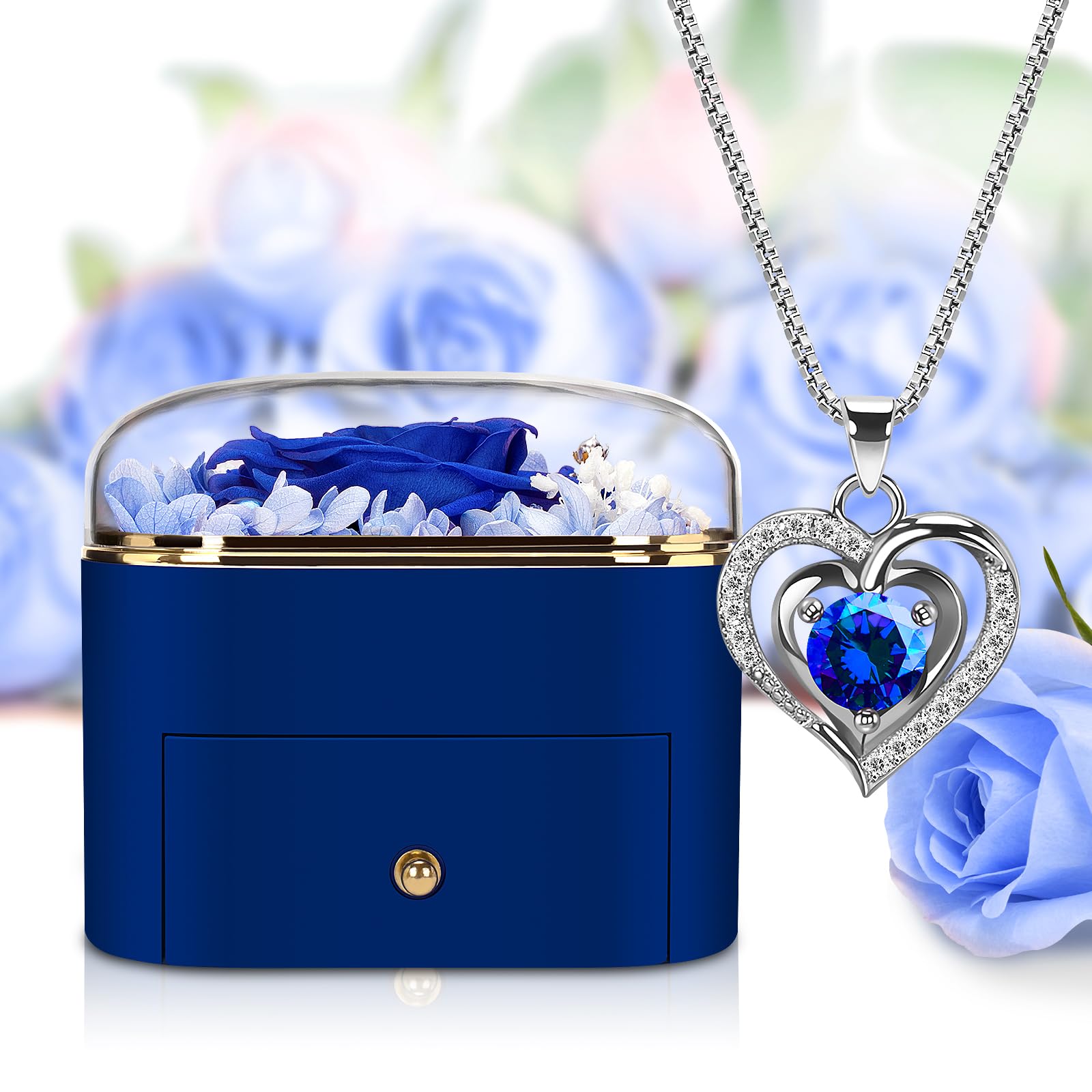 Real Preserved Rose with Heart Necklace - Romantic Eternal Flower Gift for Women, Girlfriend, Wife, Mom, Grandma - Birthday, Anniversary, Christmas Present - Perfect for Special Occasions & Keepsake (Blue)
