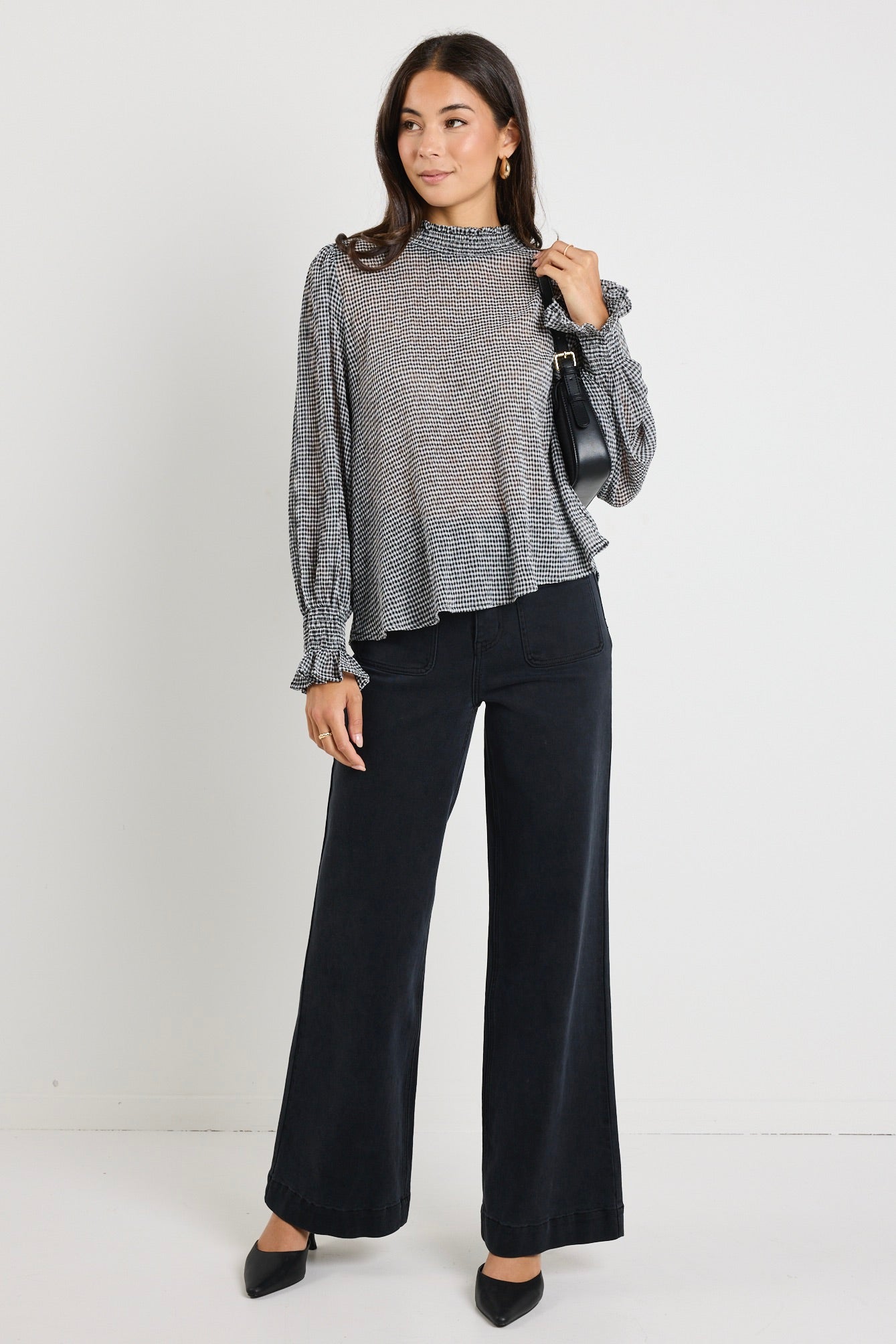 Stylish Black Gingham Shirred Neck Long Sleeve Top for Women - Perfect for Office Wear, Date Nights & Casual Outfits