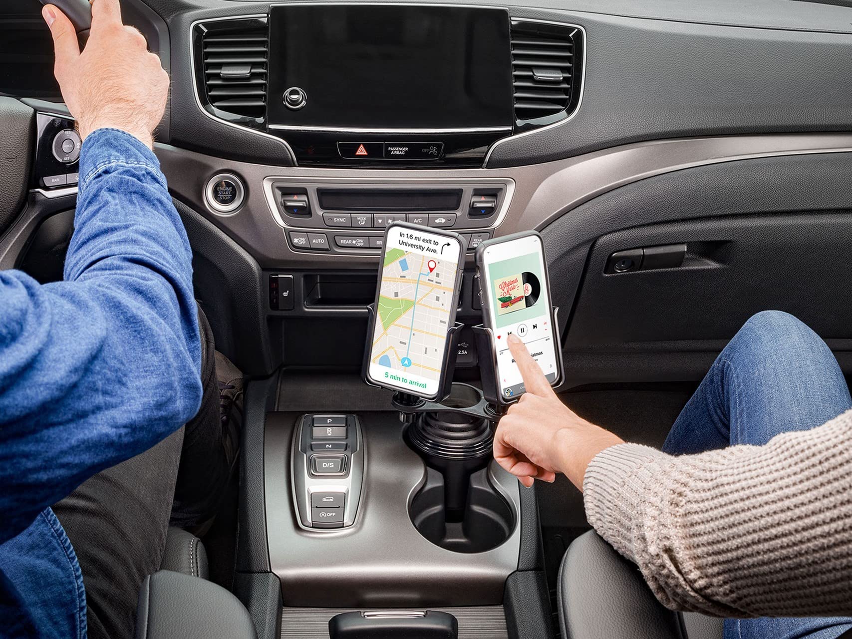 WeatherTech CupFone Duo - Universal Adjustable Cup Holder Phone Mount for Car & Truck - Compatible with iPhone & Android Smartphones - Secure Charging Accessory with Black Metal Knobs - Perfect for Hands-Free Driving, GPS Navigation & Road Trips