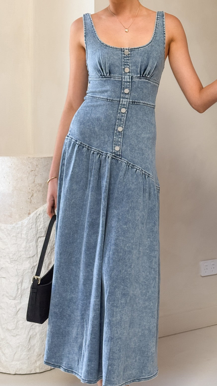 Generosa Button Front Maxi Dress - Mid Blue Denim Women's Casual Summer Dress for Beach, Vacation & Everyday Wear