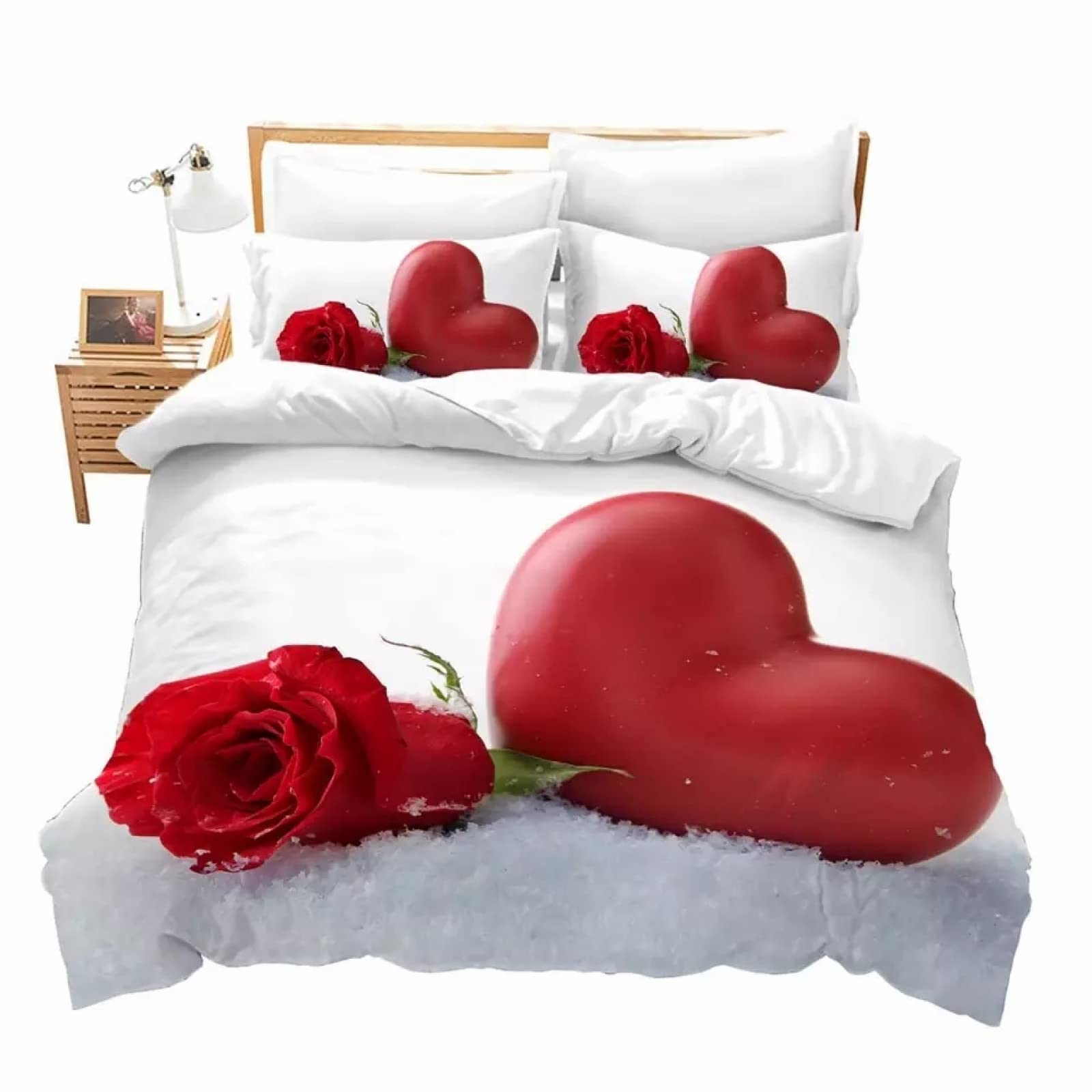 Rose Flower Heart Duvet Cover Set Queen Size - 3 Piece Microfiber Bedding Set with 2 Pillow Shams (90