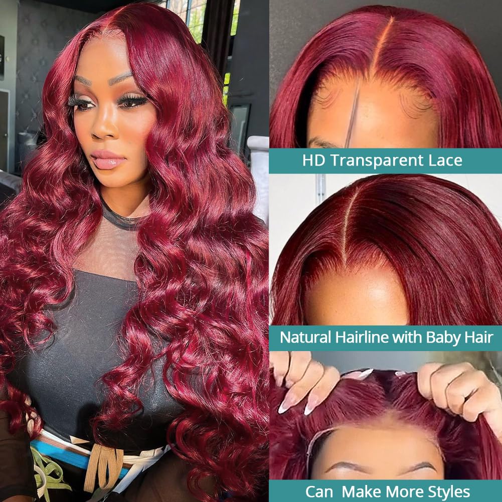 Allove 99j Burgundy 22inch Human Hair Lace Front Wig - 180% Density Pre-Plucked Body Wave with Baby Hair | 13x4 Glueless HD Transparent Frontal | Perfect for Daily Wear, Cosplay & Special Occasions