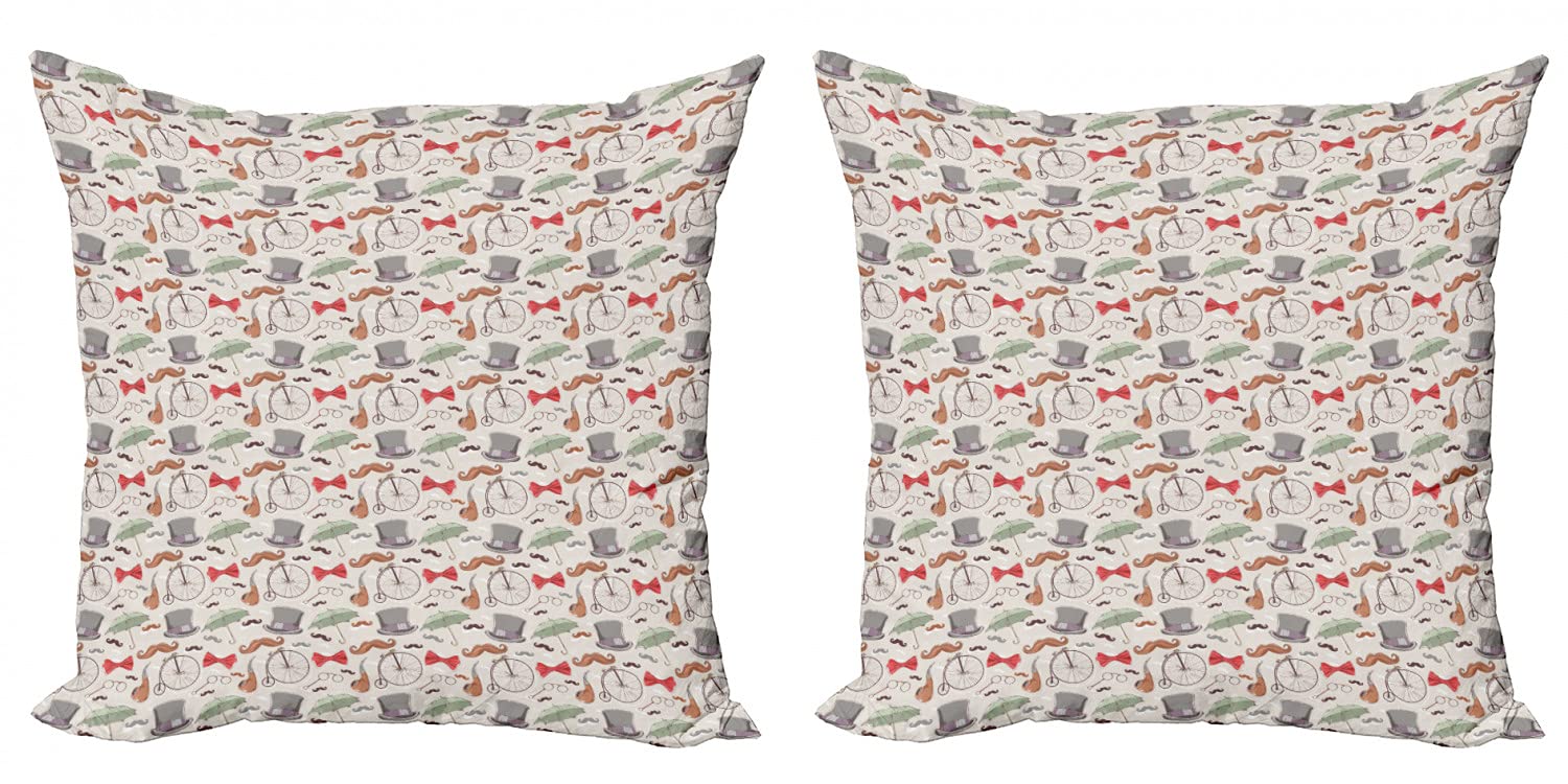 Ambesonne Vintage Bicycle Decorative Throw Pillow Covers Pack of 2 - 16 Inch Multicolor Retro Cycling Design with High-Wheel Bicycle, Lorgnette & Bow Tie Patterns - Perfect for Living Room, Bedroom & Couch Decor