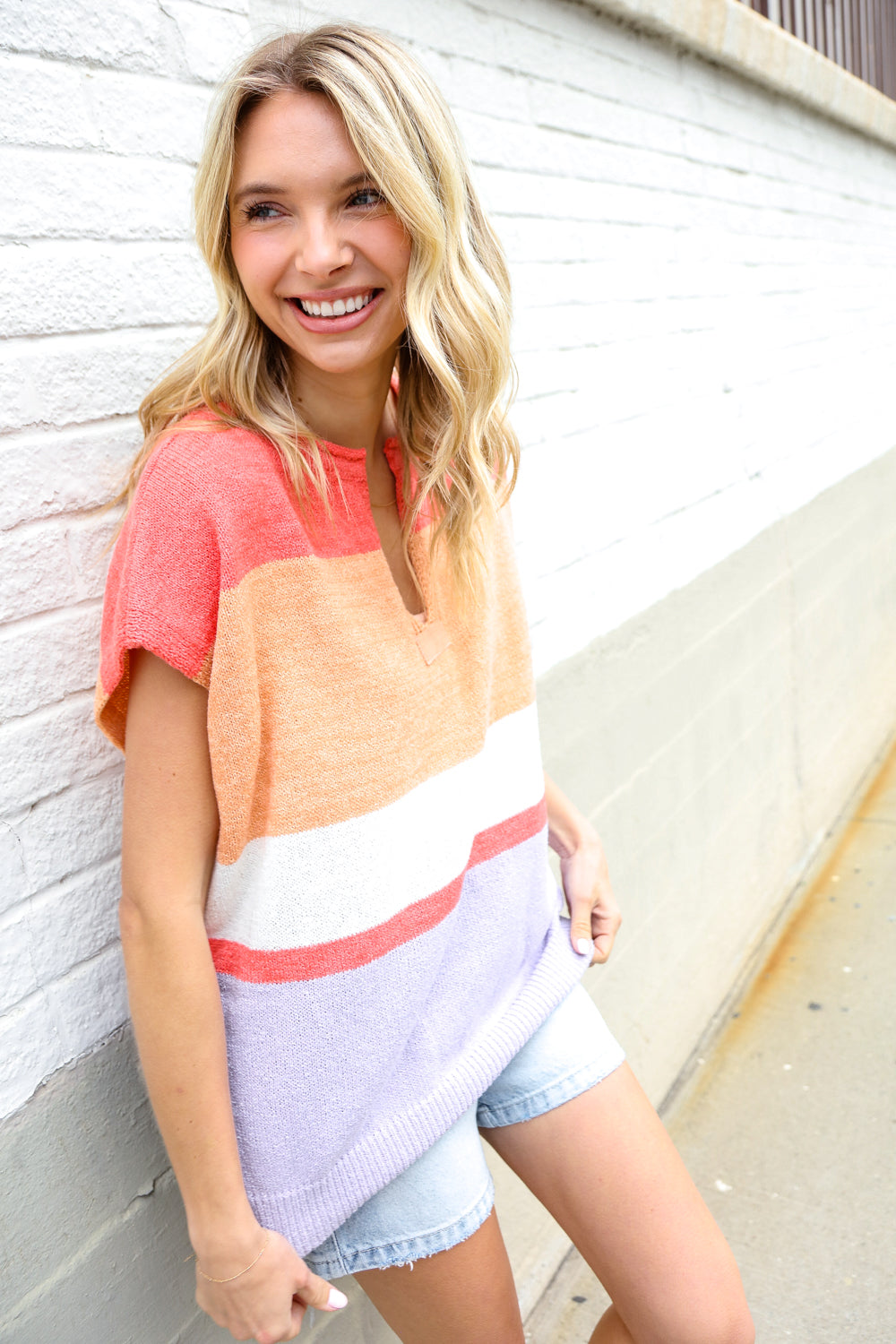 Coral Notched Neck Drop Shoulder Sweater Top for Women - Elegant Loose Fit Knit Pullover for Casual Outings & Date Nights