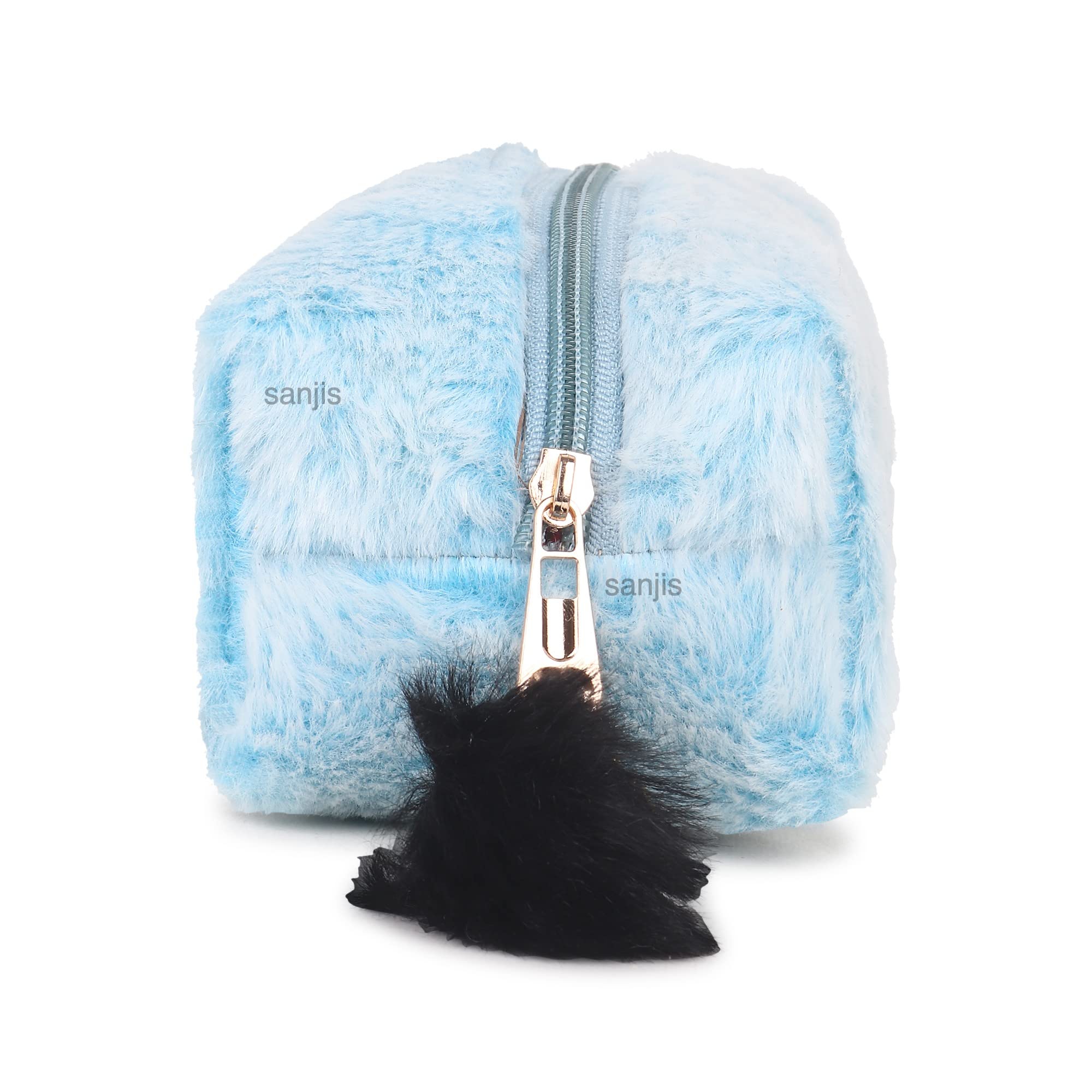 Sanjis Enterprise Small Faux Fur Cosmetic Bag - Elegant Makeup Pouch with Zipper, Travel Toiletry Organizer for Women | Perfect Gift for Birthday, Christmas & Travel Accessories (Blue) - Ideal for Daily Makeup Storage, Weekend Getaways & Beauty Essentials Organization
