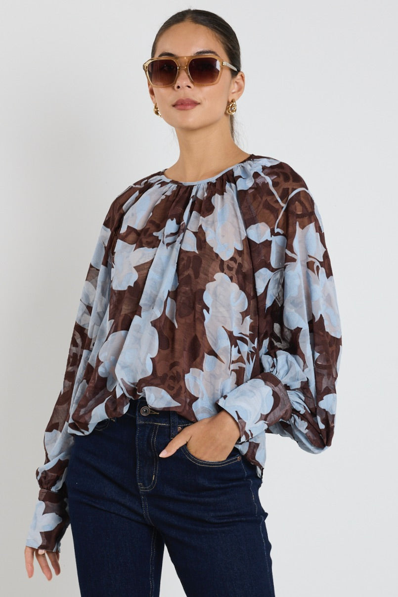 Chic Blue Floral Print Long Sleeve Crew Neck Blouse - Elegant Flowy Top for Women | Perfect for Casual Outings, Office Wear & Date Nights