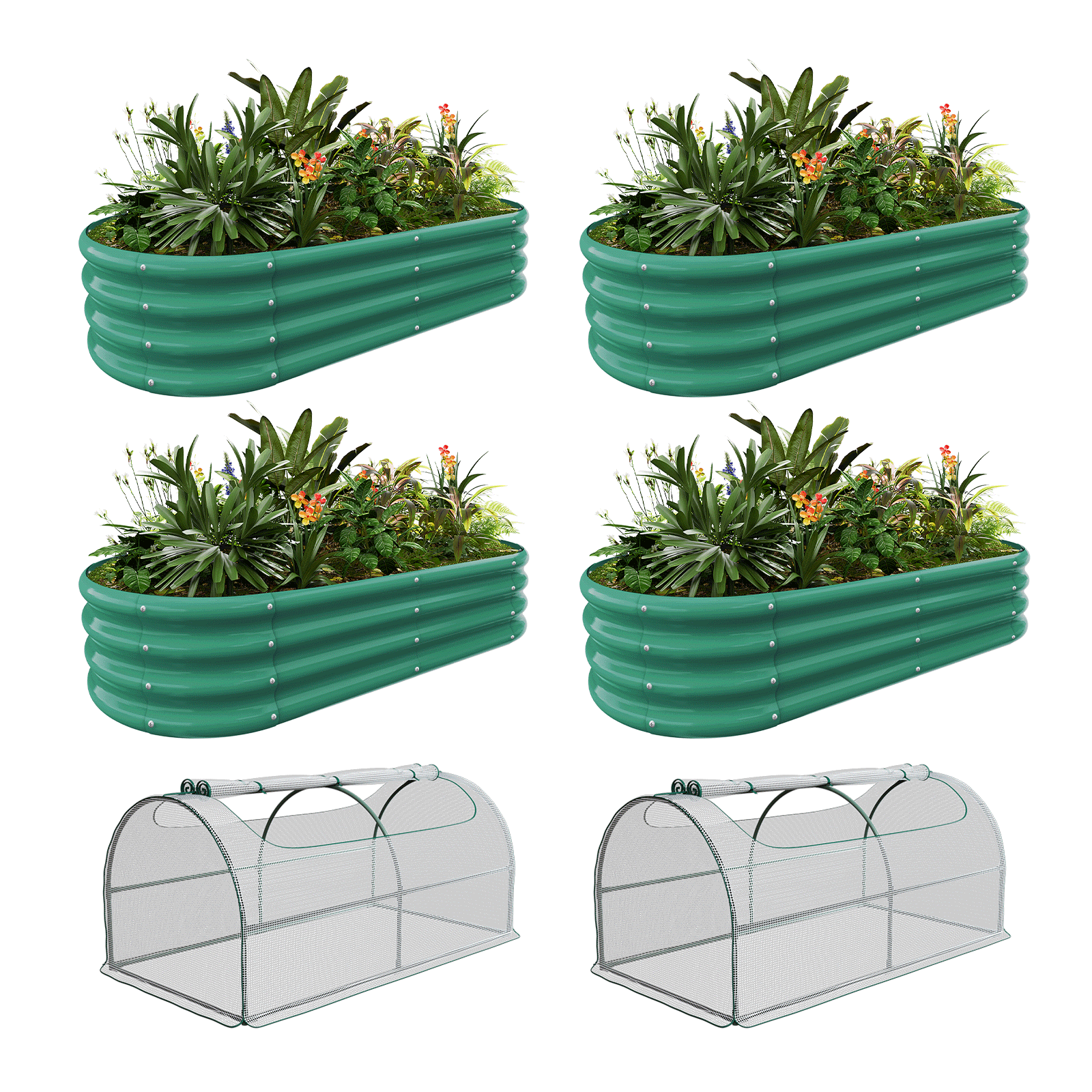 4 Pack Galvanized Steel Oval Raised Garden Beds 4x2x1ft + 2 Pack Greenhouse Covers - Durable Outdoor Gardening for Vegetables, Flowers & Herbs - Perfect for Backyard, Patio & Urban Farming