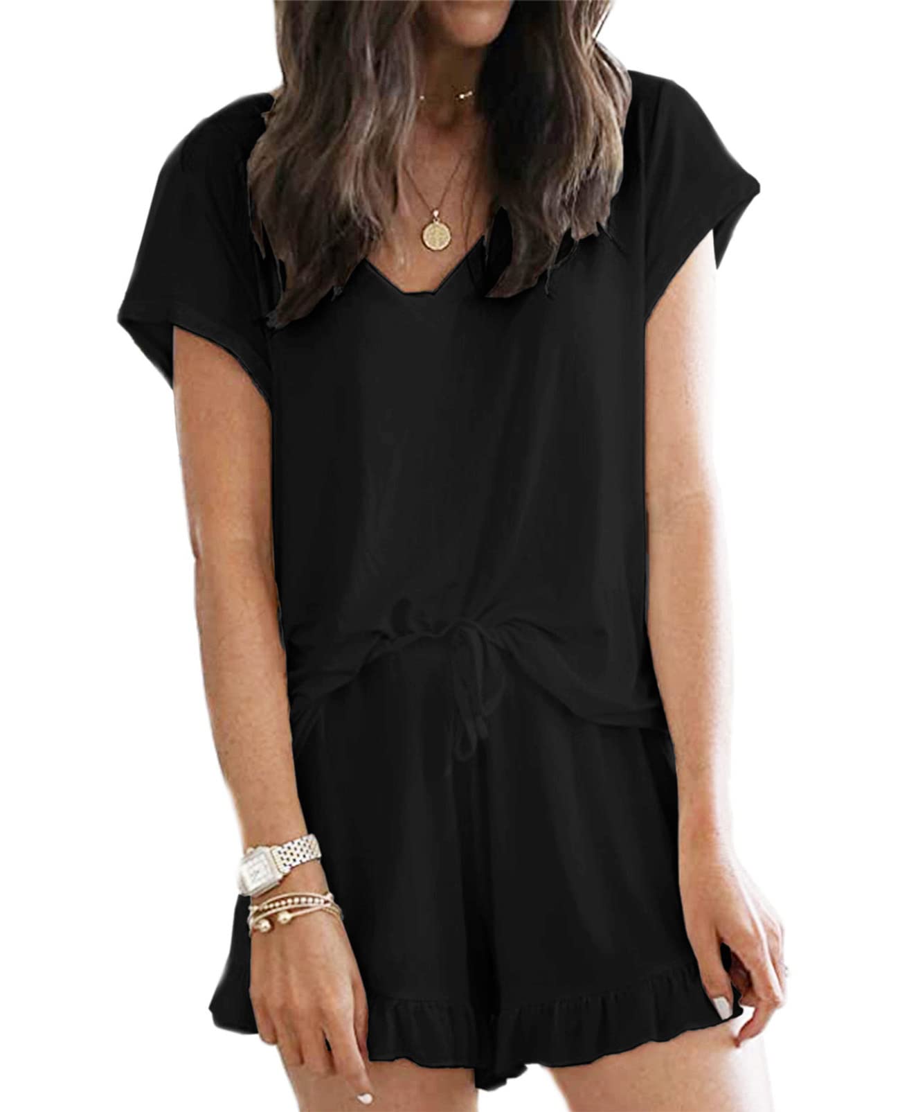 LuckyMore Women's Soft Short Sleeve V-Neck Pajama Set with Lounge Shorts - Comfortable Sleepwear & Casual Loungewear for Nighttime Relaxation and Home Wear