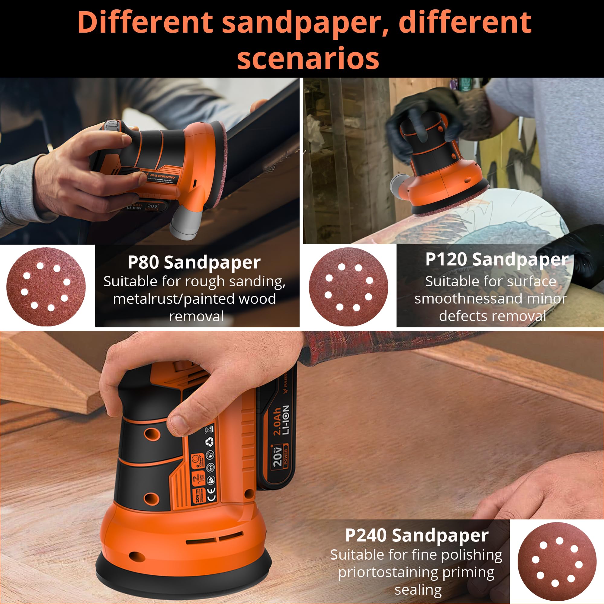 20V Cordless Detail Sander with 11,000 RPM Variable Speed - 5-Inch (125mm) Sanding Disc - Includes 12 Sandpapers & Quick Charge Kit - Compact Electric Sander for Woodworking, Furniture, Carpentry - Perfect for DIY Projects, Home Renovation, and Professional Wood Finishing