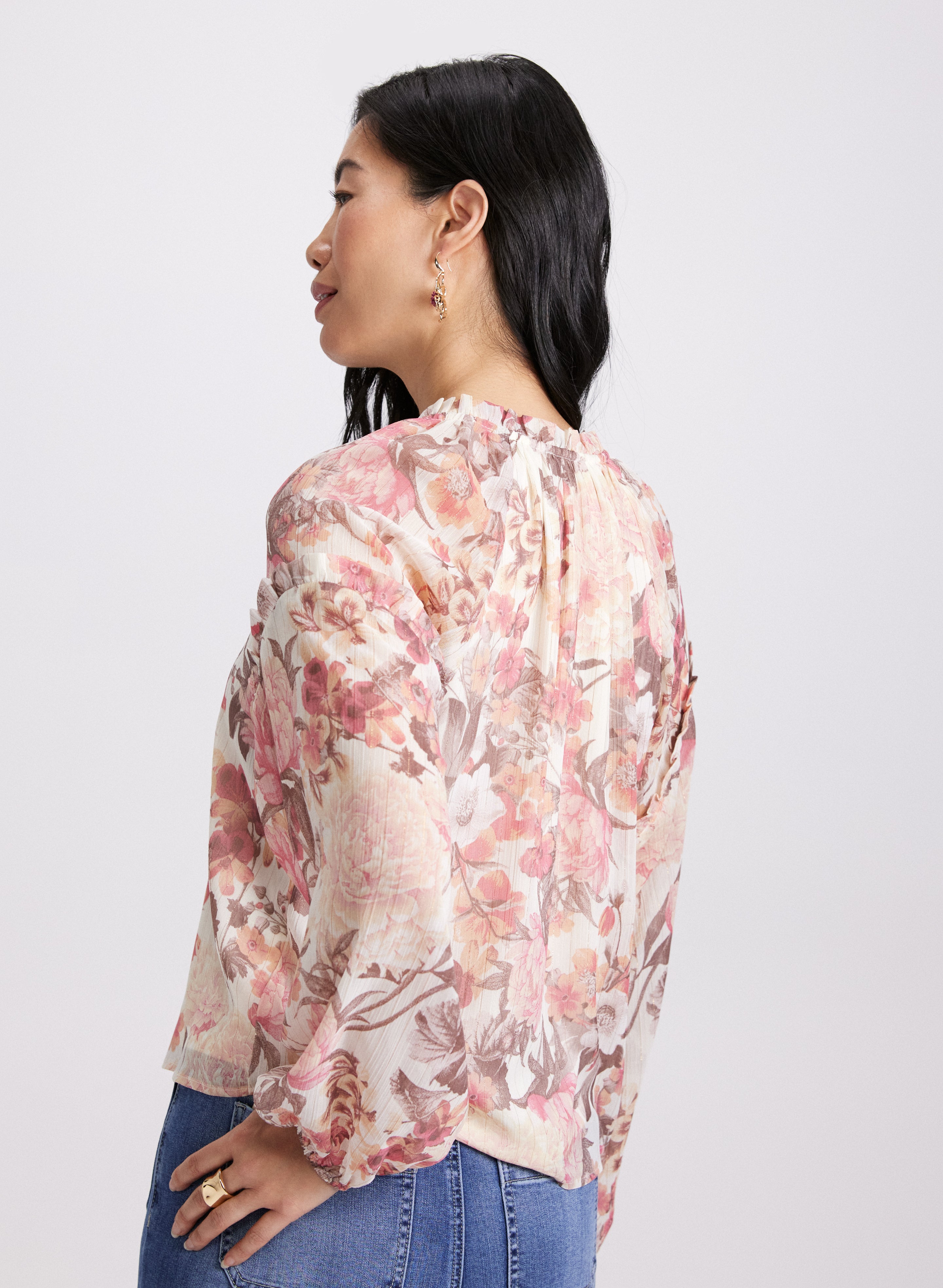 Floral Frilled Neck Blouse for Women - Elegant Ruffle Blouse Tops for Spring Summer - Perfect for Office, Date Night & Special Occasions