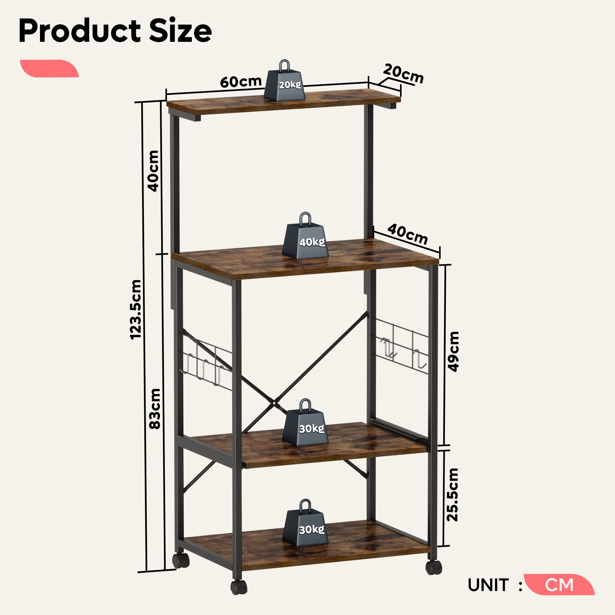 Bestier Kitchen Bakers Rack with Microwave Stand - 3-Tier Rolling Utility Cart with 10 Hooks & Adjustable Feet - Space-Saving Storage Shelf for Small Kitchens, Pantry Organization & Baking Supplies Storage