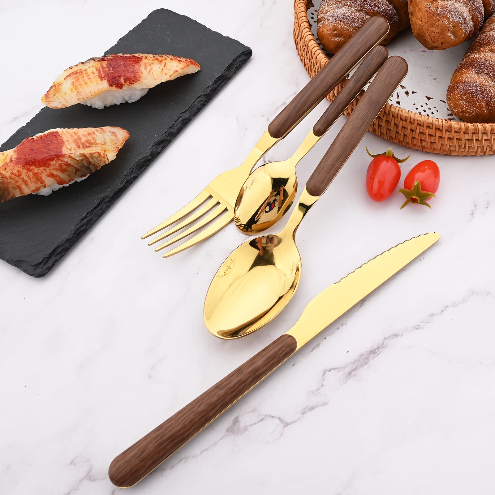 24-Piece Wooden Handle Flatware Set for 6 - Stainless Steel Silverware with Mirror Finish (Dinner Knife, Fork, Spoon, Teaspoon) - Dishwasher Safe & Rustproof - Elegant Gold Cutlery Set for Dining, Wedding, Party & Home Kitchen Use