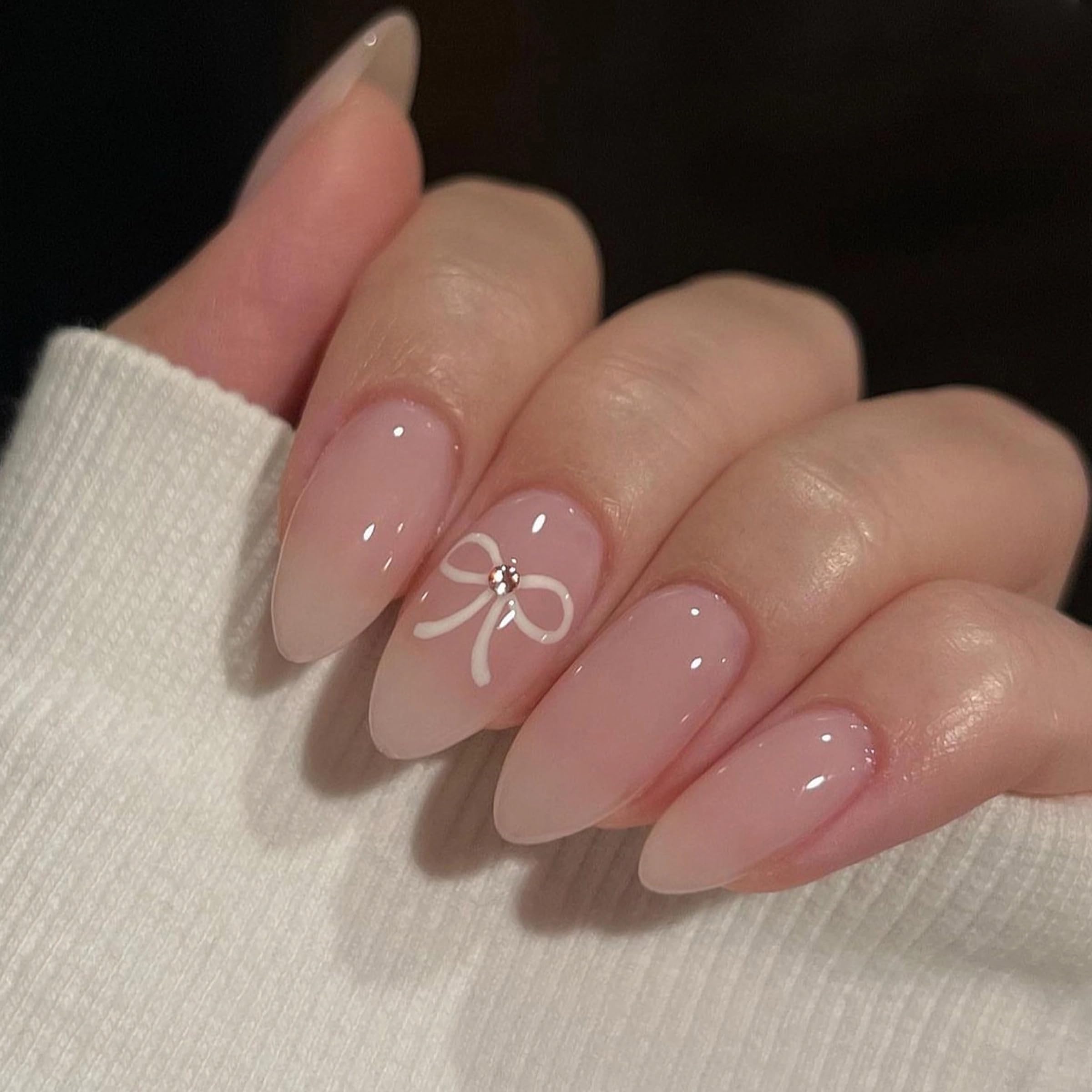 MERVF Almond Press-on Nails with Bow Rhinestones Design - Medium Nude Acrylic Fake Nails for Women (24pcs) - Perfect for Parties, Weddings & Special Occasions