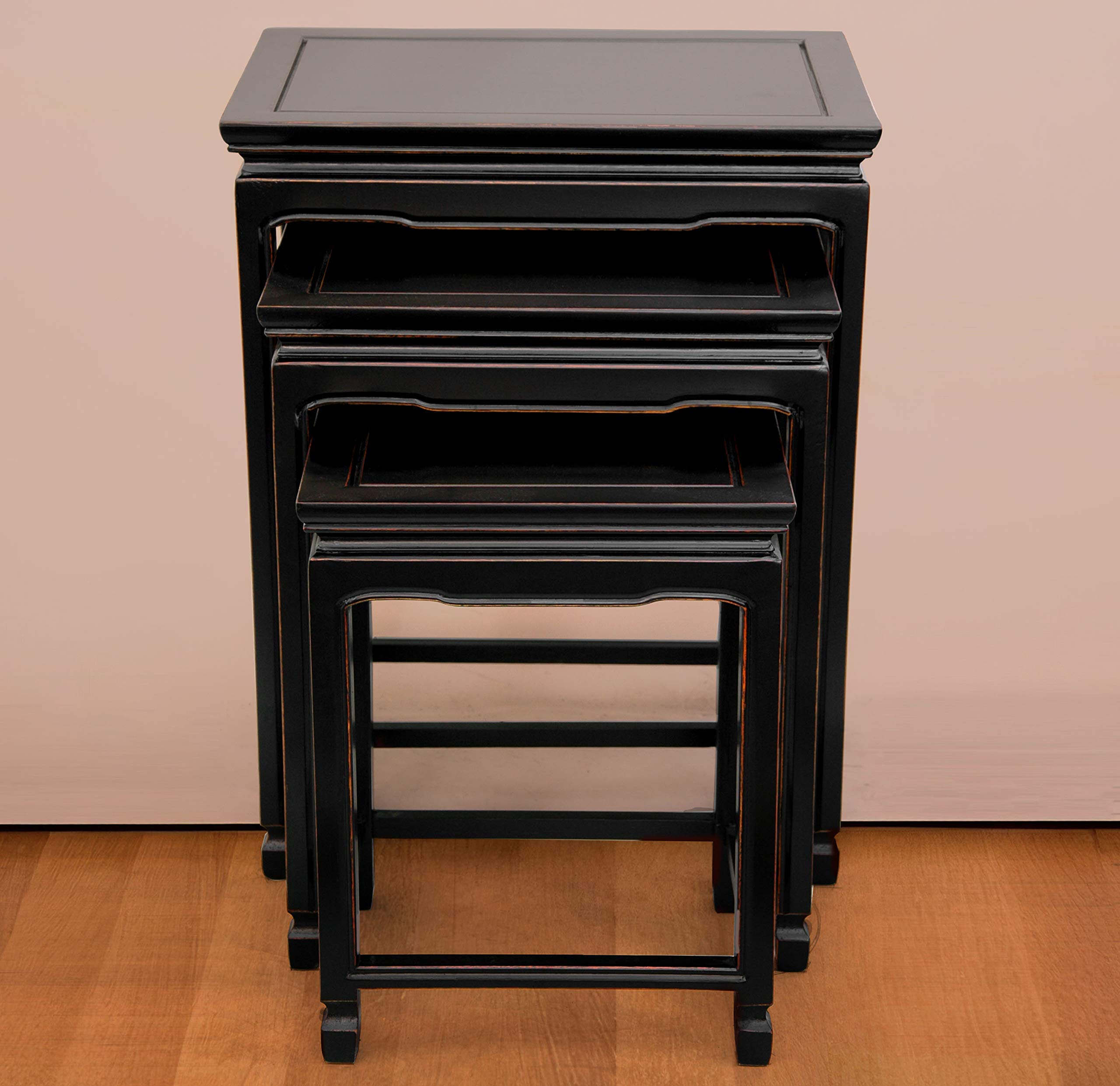 Antique Black Rosewood Nesting Table Set with Red Lantern Design - Perfect for Living Room, Dining Room, and Home Decor