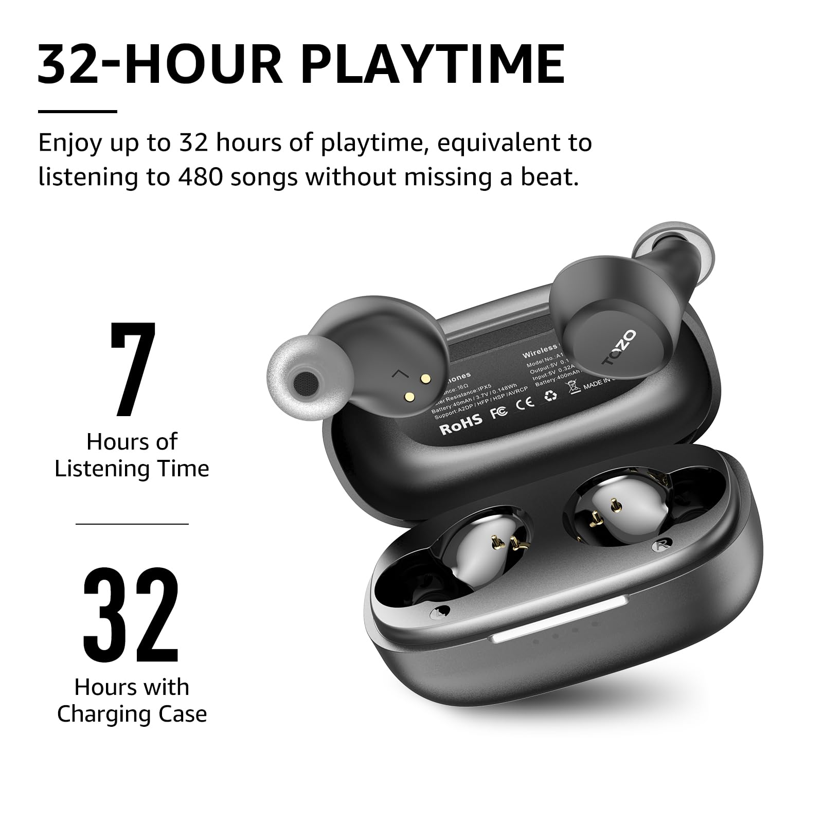 TOZO A1 Wireless Earbuds Bluetooth 5.3 - Lightweight IPX5 Waterproof Headphones with 2 Mics for AI Calls, Immersive Bass Sound & 32 EQ Presets via App - Perfect for Gym, Running, Travel & Work Calls