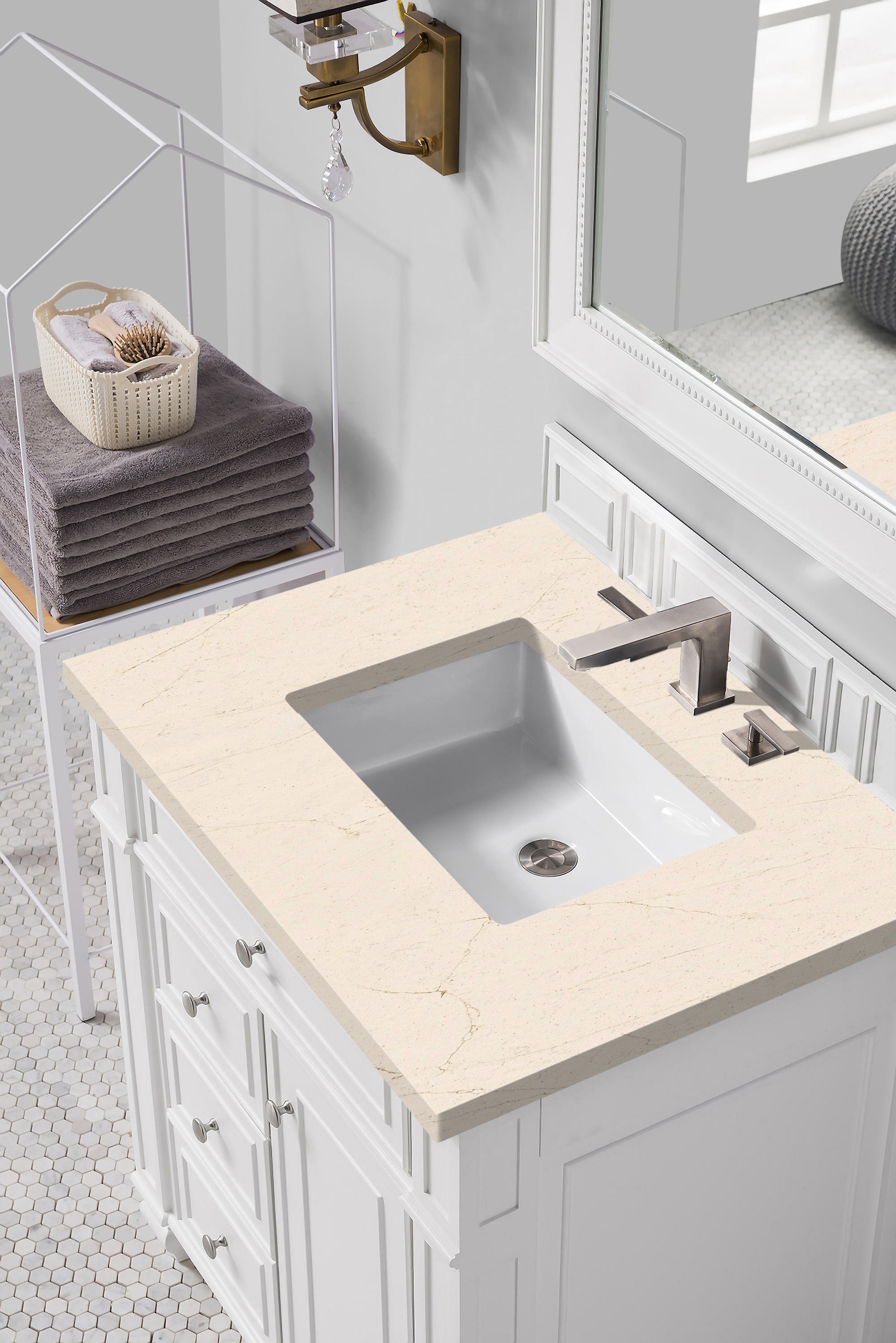 Bristol 30-Inch Single Bathroom Vanity Set with 3CM Eternal Marfil Quartz Countertop in Bright White - Perfect for Modern Bathroom Remodeling and Small Space Solutions