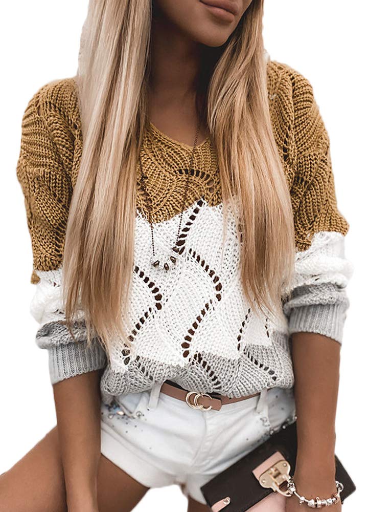 Women's Color Block V-Neck Long Sleeve Pullover Sweater - Casual Knit Jumper Tops for Fall & Winter | Office Wear, Date Night, Weekend Outfits