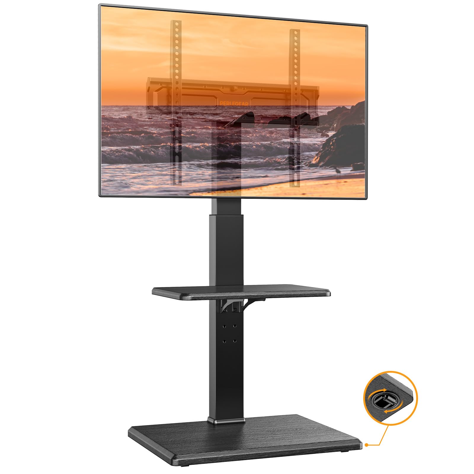 Perlegear Rolling TV Stand with Hidden Wheels - Adjustable Height TV Stand for 30-60 inch TVs (Up to 88 lbs), Wood Base Floor TV Stand with 8 Height Settings & Max VESA 400x400mm - Perfect for Living Room, Bedroom, or Home Theater Setup (Model PGFS14)