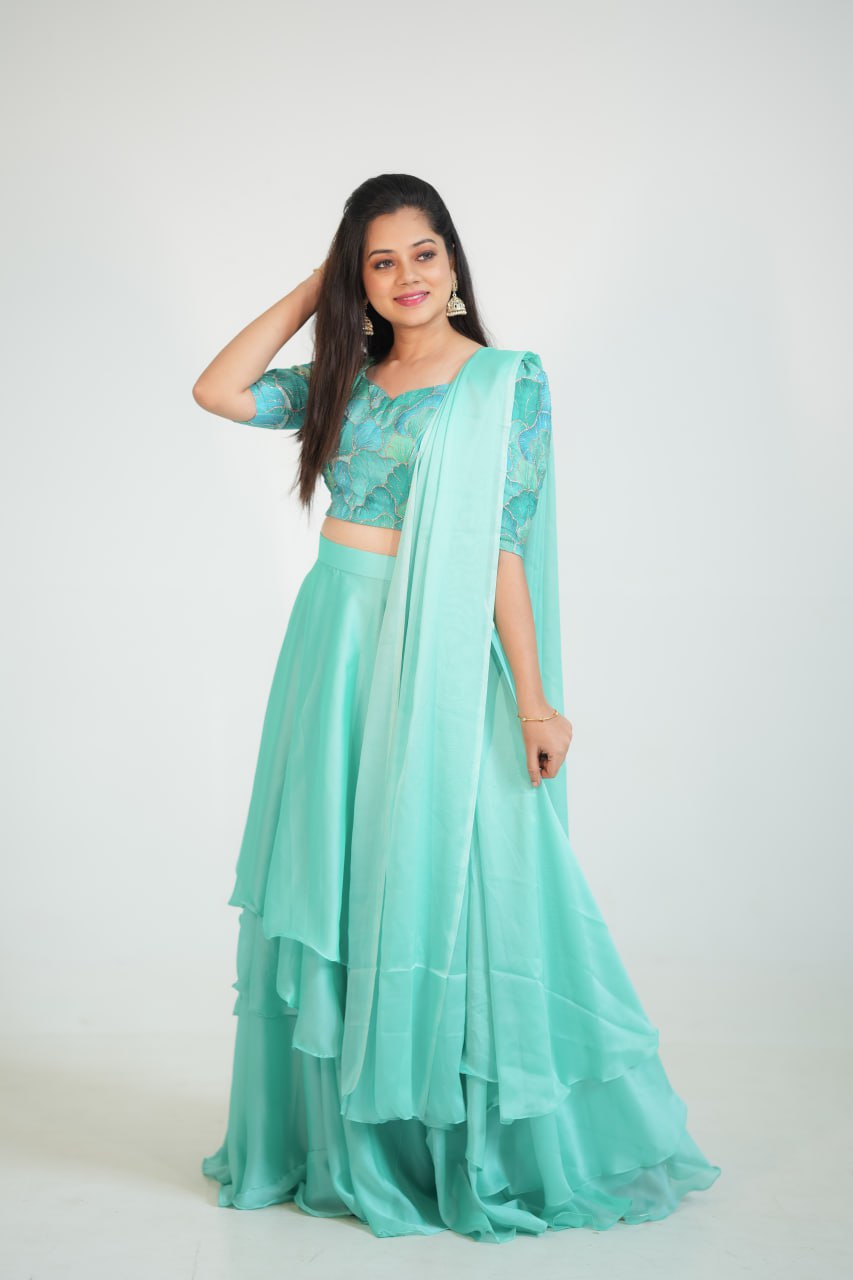 DD527 Anitha 3-Layer Crop Top Lehenga Set for Women - Stylish Indian Ethnic Outfit for Weddings, Parties & Festive Occasions