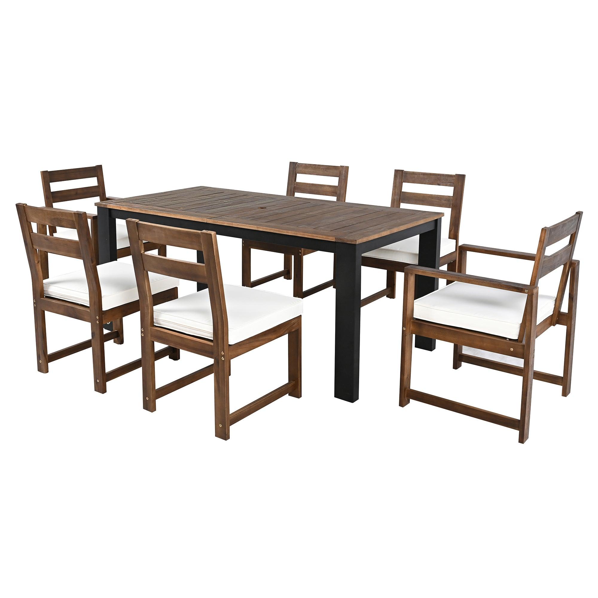 7-Piece Outdoor Patio Dining Set - Wooden Table with Umbrella Hole & 6 Chairs (2 Armchairs + 4 Side Chairs) for Garden, Backyard, Poolside - Perfect for BBQs, Family Gatherings & Outdoor Entertaining