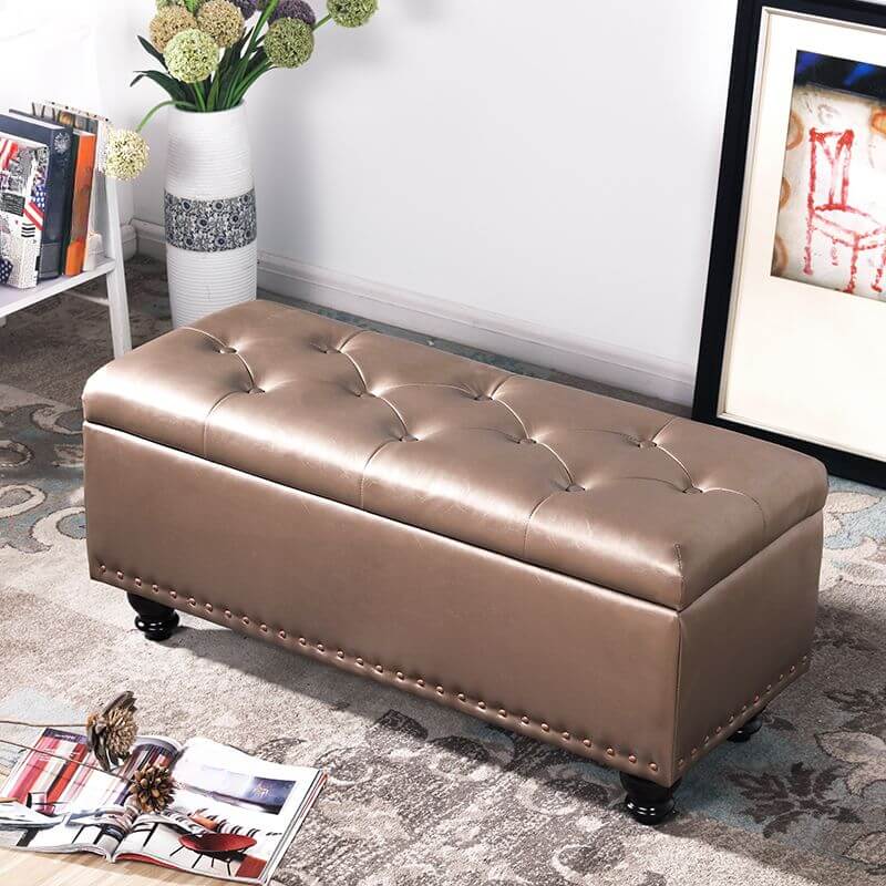 Water Resistant Stitch Tufted Upholstered Storage Ottoman with Nailhead Trim - Green/Peony/Butter Color, Modern Style with Legs - Perfect for Living Room, Bedroom & Home Office Organization
