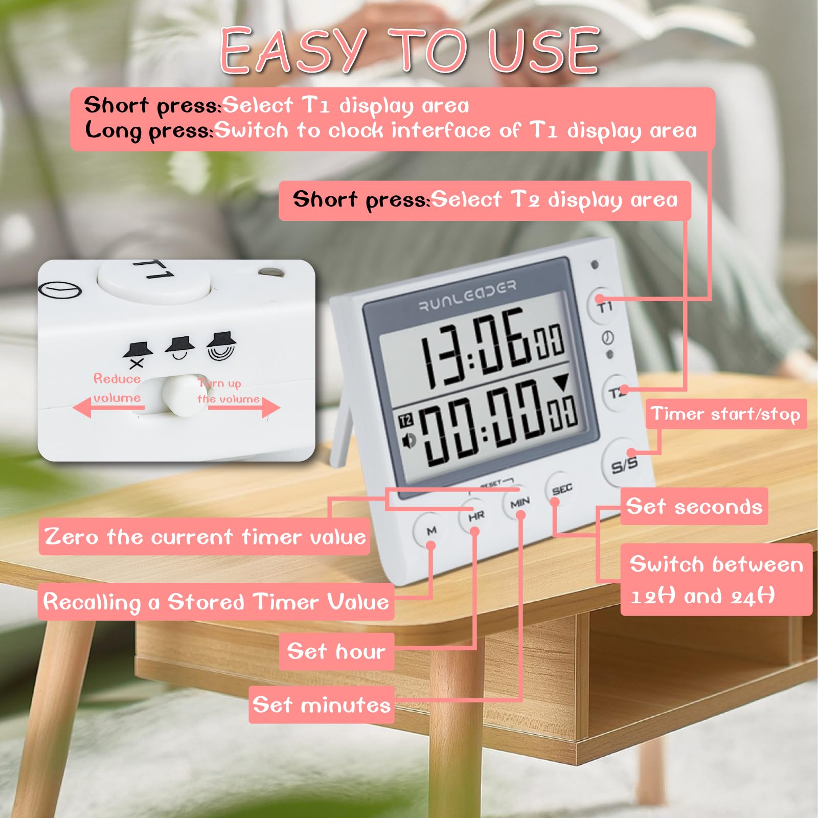 2-Channel Digital Countdown & Countup Timer with 12H/24H Clock Display - White | Perfect for Kitchen Cooking, Classroom Labs, and Fitness Workouts